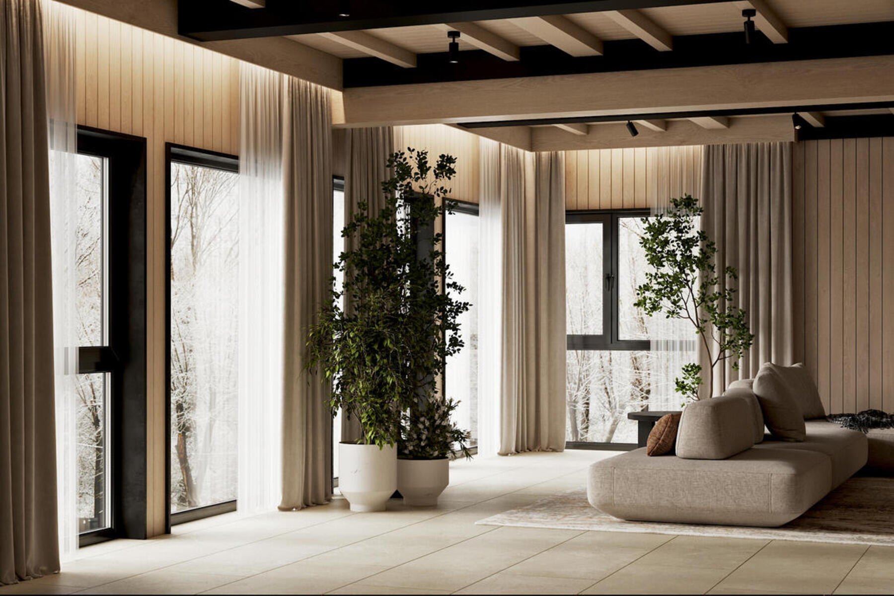 Дизайн интерьера дома в КП Образ Жизни «Лесная деревня» в стиле джапанди