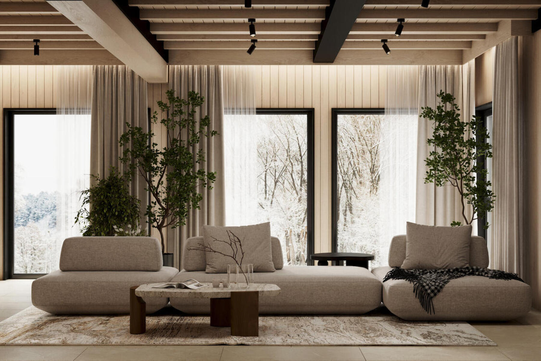 Дизайн интерьера дома в КП Образ Жизни «Лесная деревня» в стиле джапанди