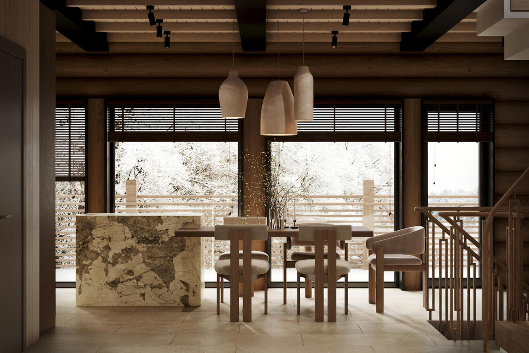 Дизайн интерьера дома в КП Образ Жизни «Лесная деревня» в стиле джапанди