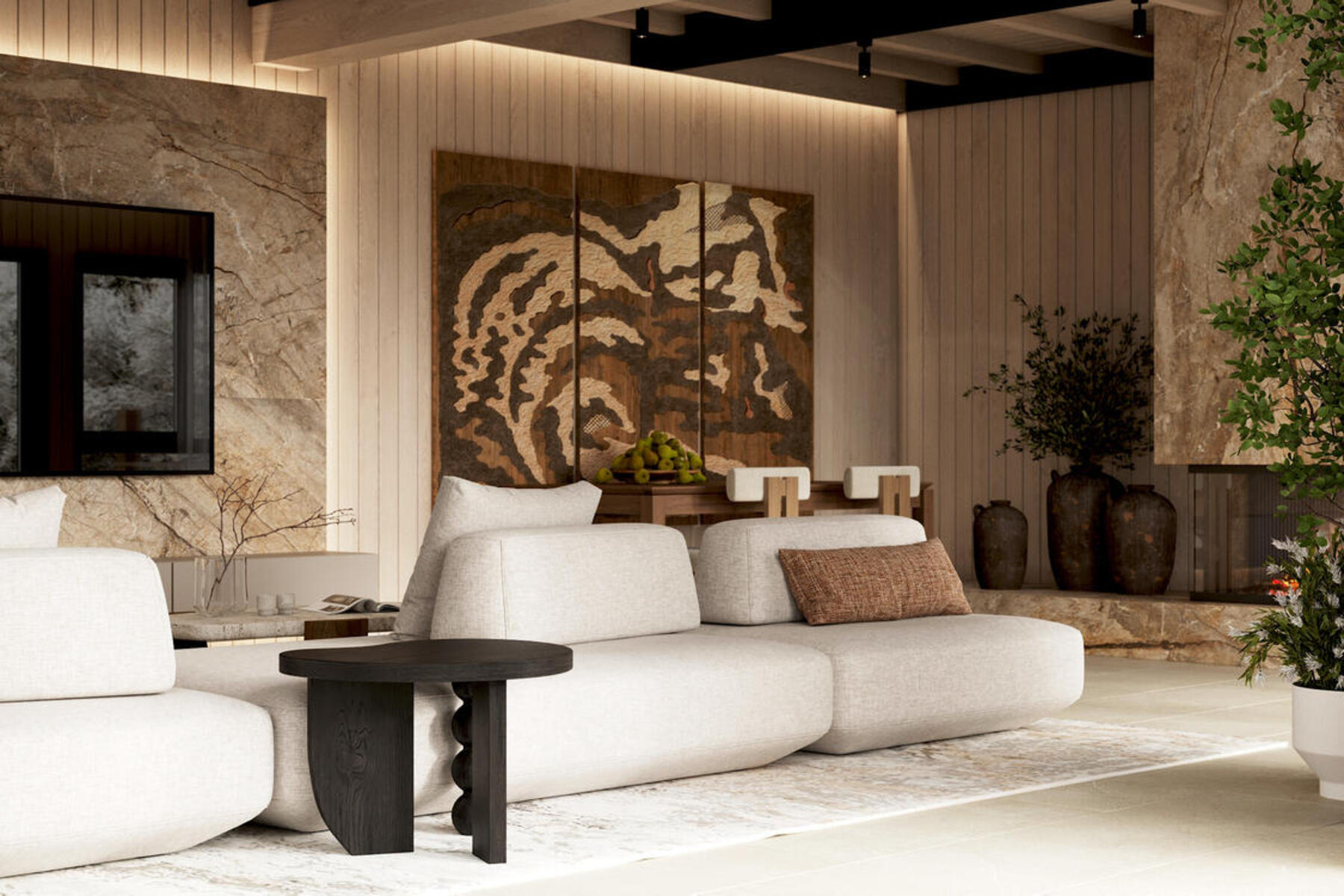 Дизайн интерьера дома в КП Образ Жизни «Лесная деревня» в стиле джапанди