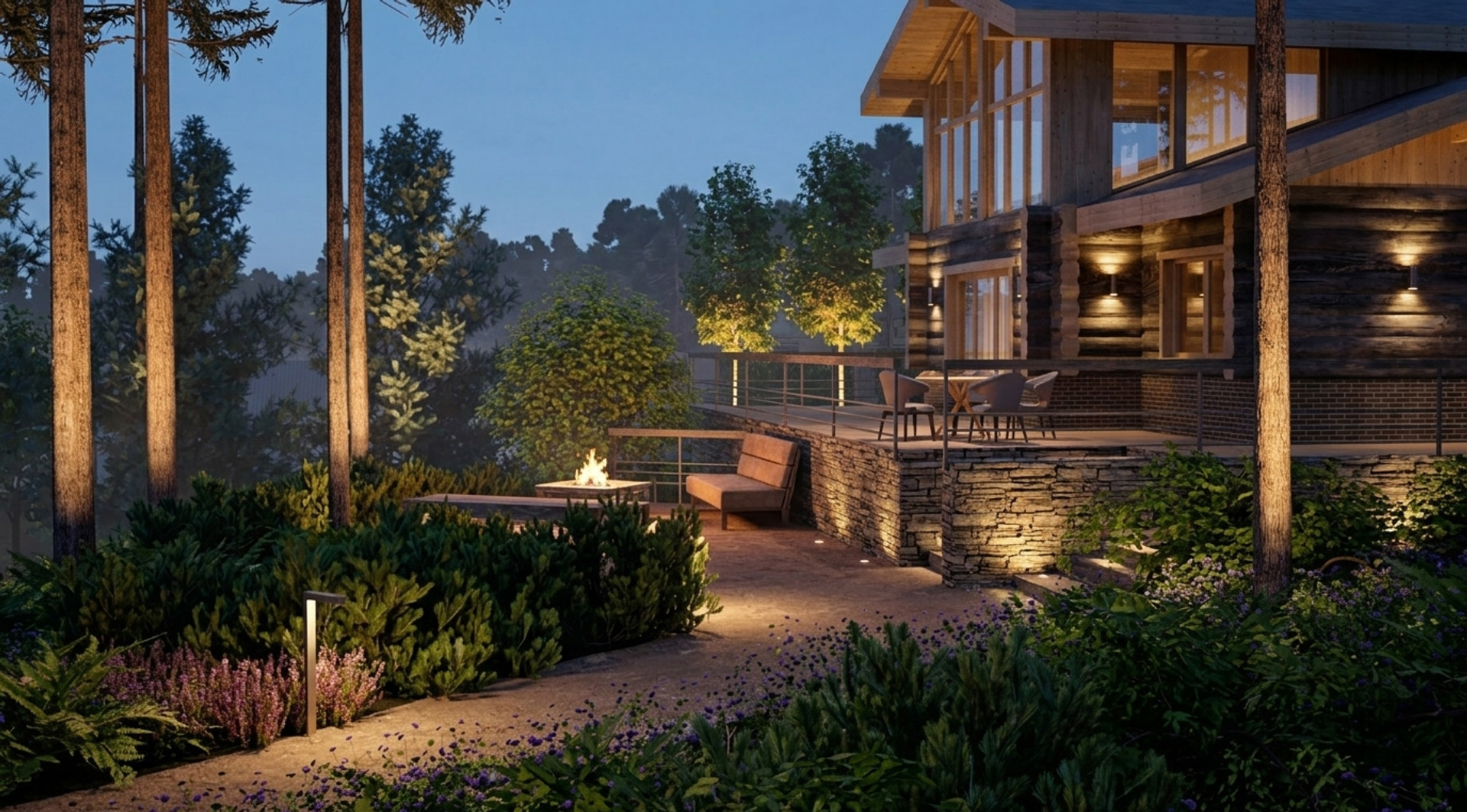 Частный сад в сосновом лесу