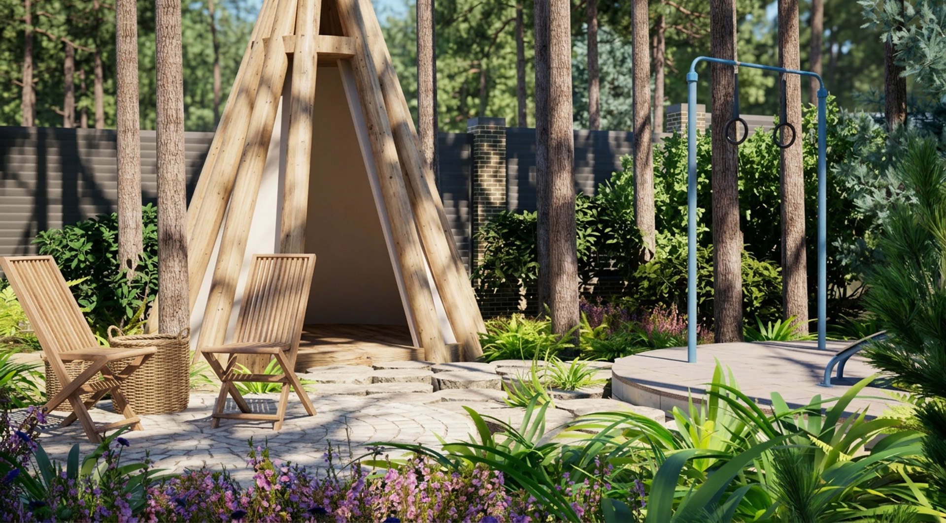 Частный сад в сосновом лесу