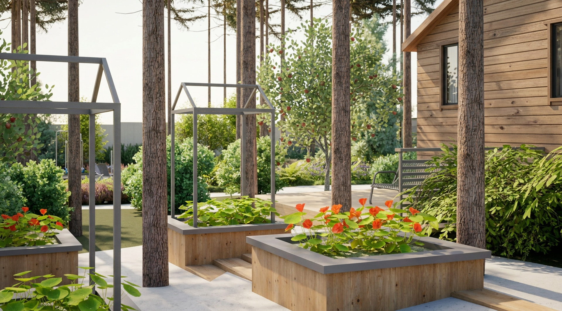 Частный сад в сосновом лесу