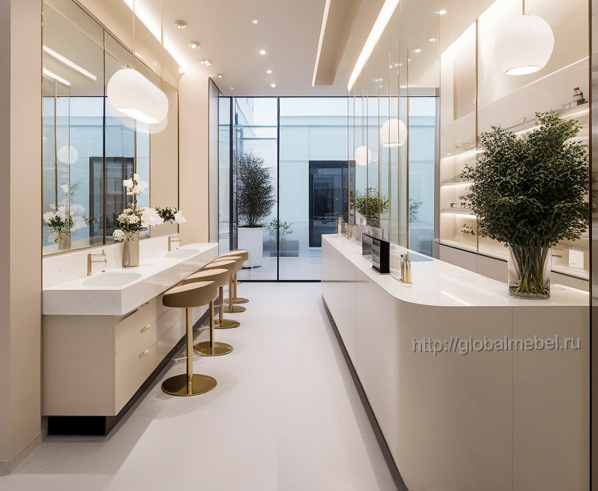 Обложка проекта: Ресепшен с тумбами под мойки и витринами Эмаль бежевая для салона красоты