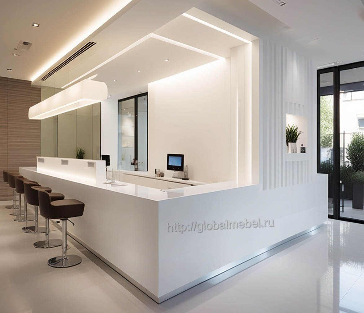 Обложка проекта: Ресепшен пластик Fenix Бьянко Кос со шкафами пластик Arpa Зебрано и Зеленый тенеро для салона красоты