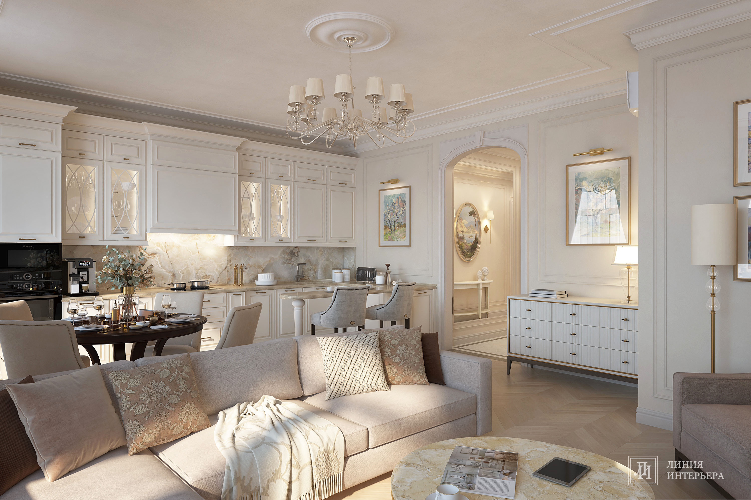 Дизайн квартиры в светлых тонах, современная классика
