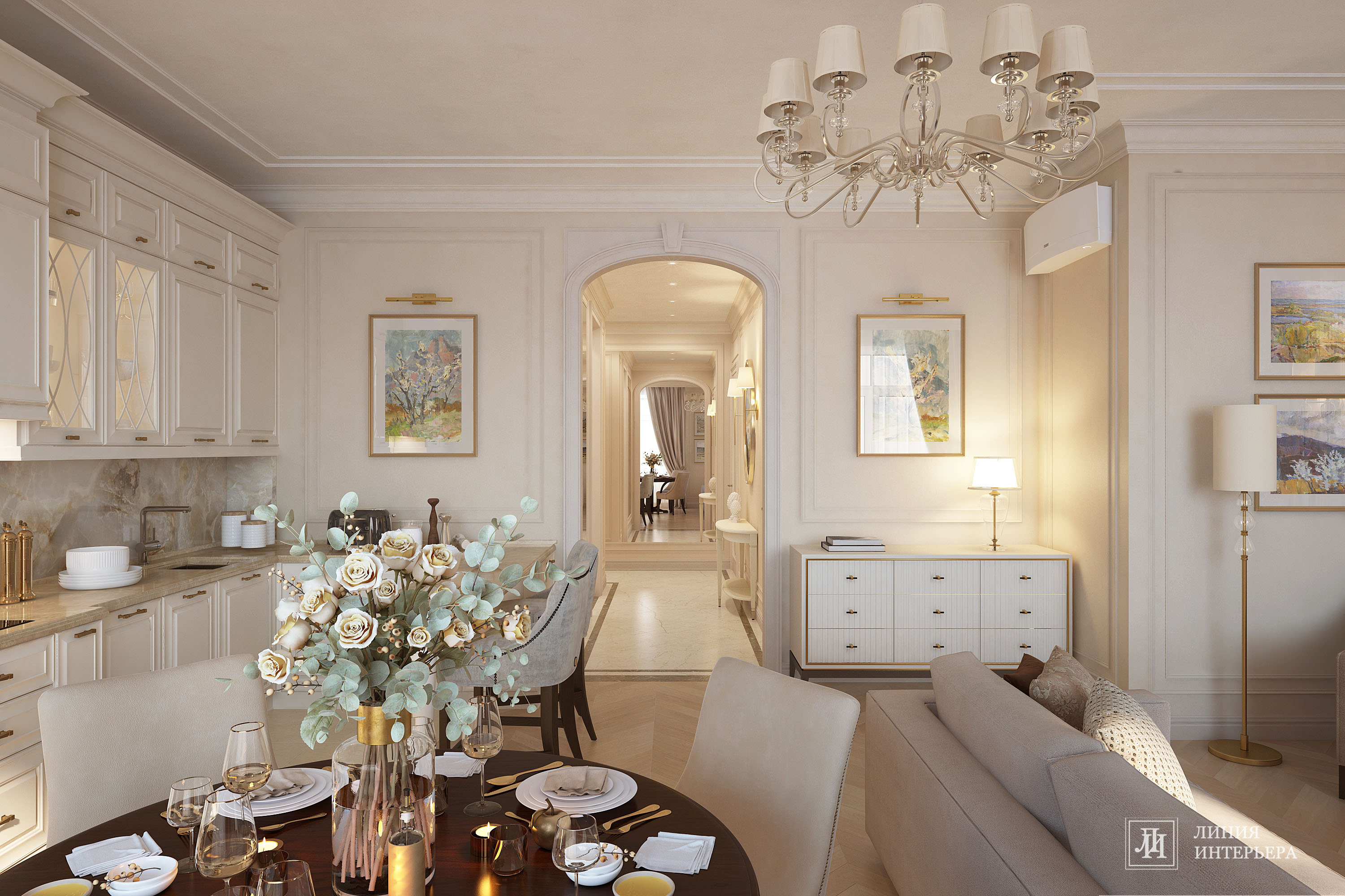 Дизайн квартиры в светлых тонах, современная классика