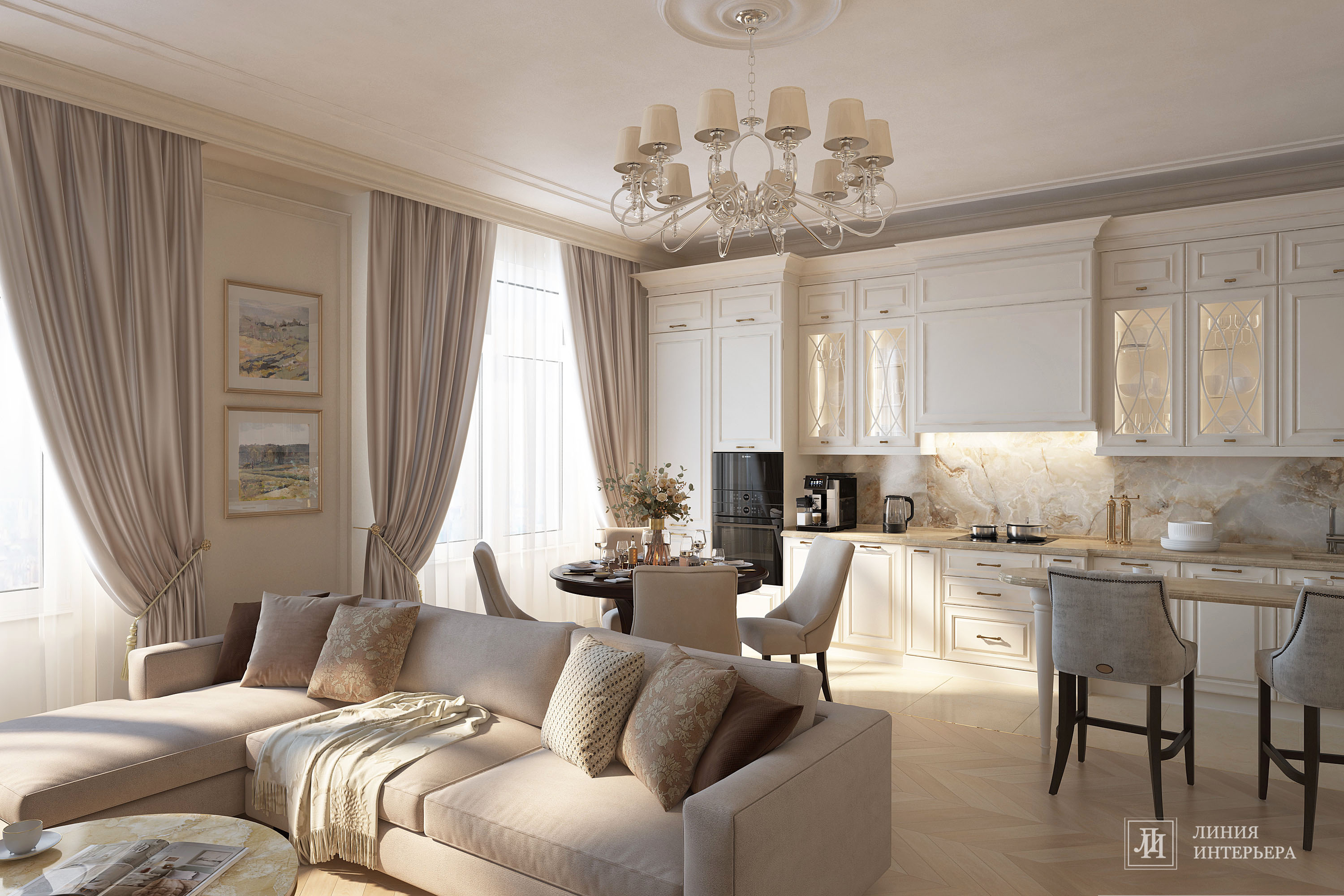 Дизайн квартиры в светлых тонах, современная классика