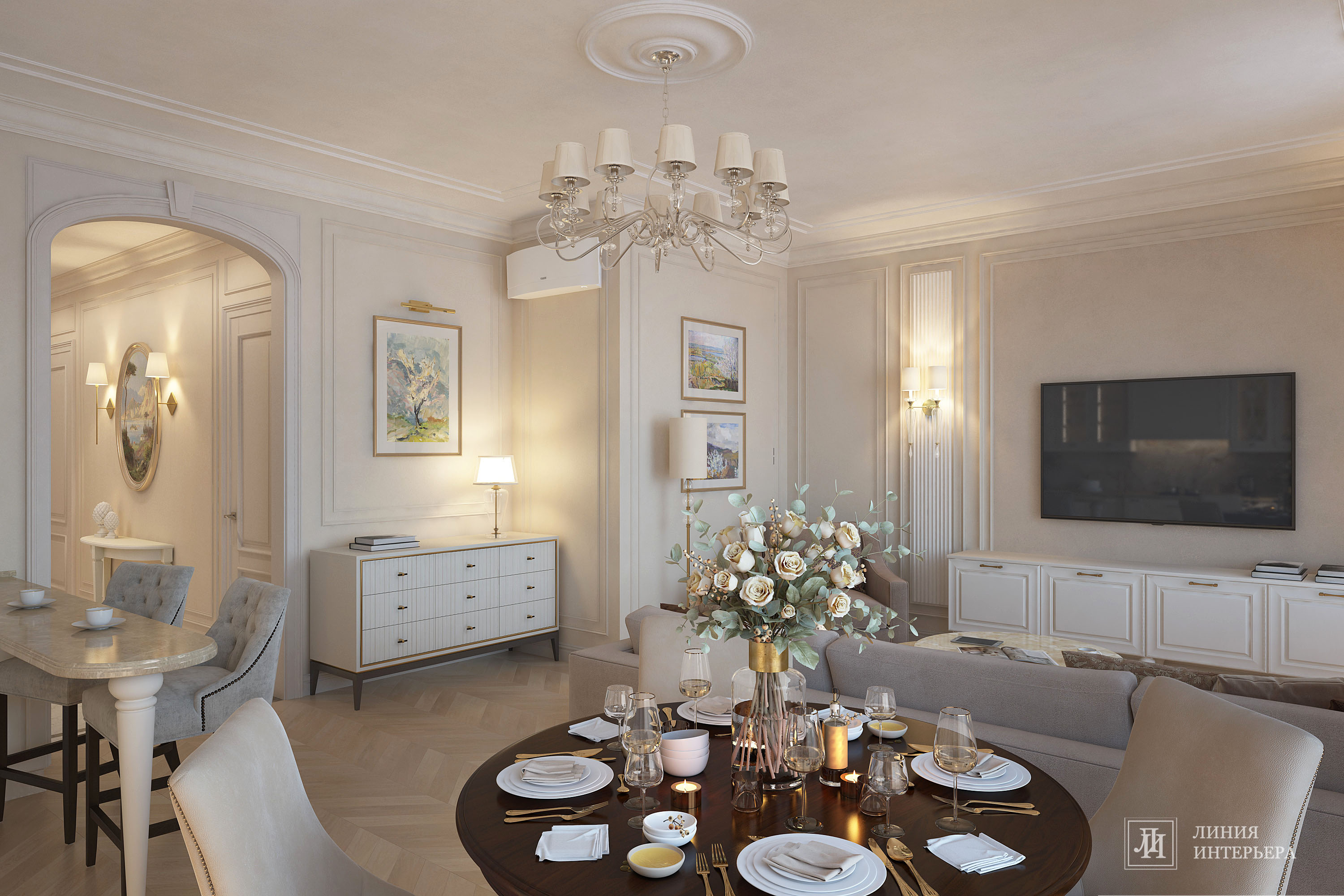 Дизайн квартиры в светлых тонах, современная классика