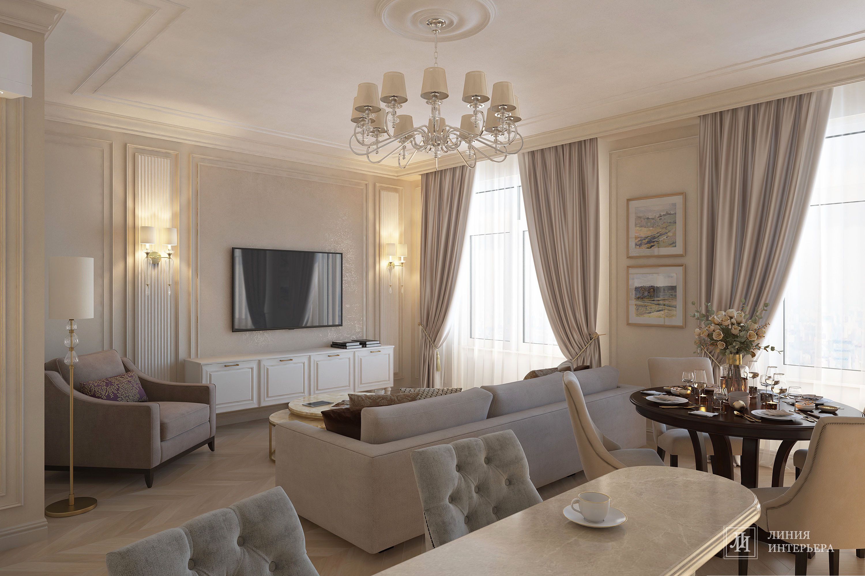Дизайн квартиры в светлых тонах, современная классика