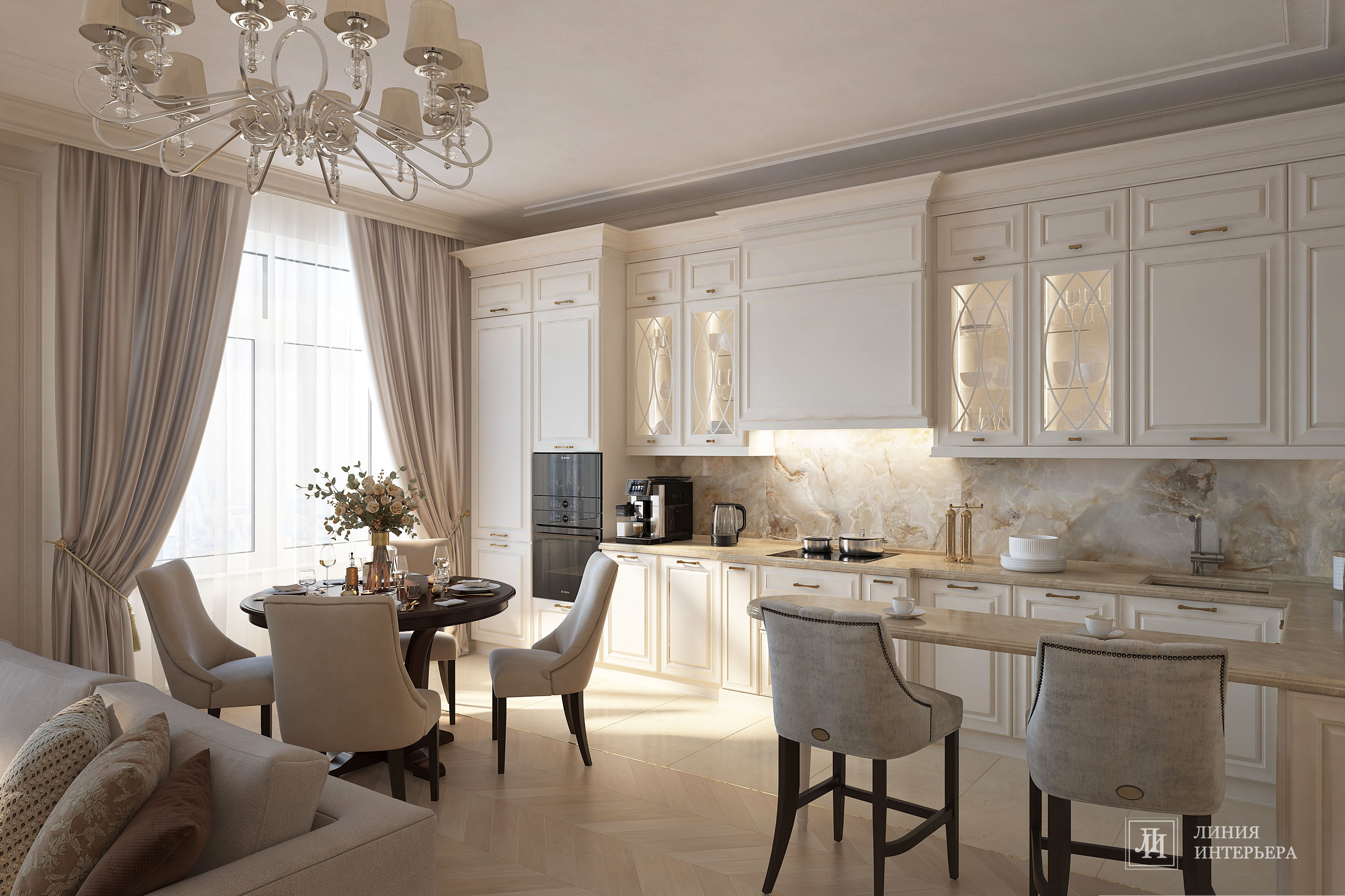 Дизайн квартиры в светлых тонах, современная классика