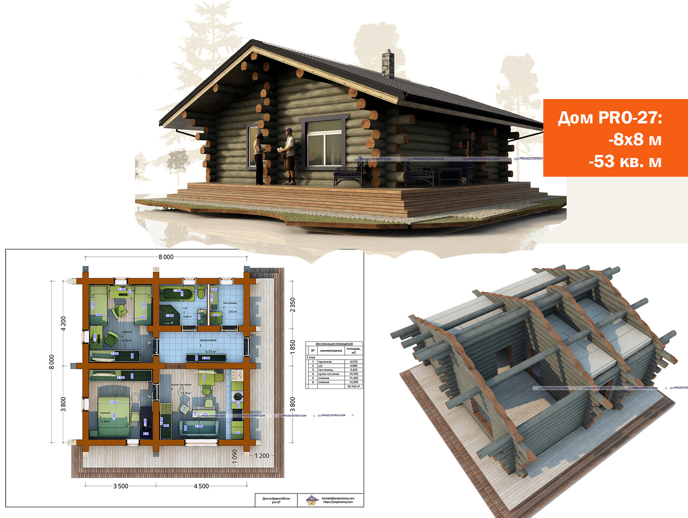 Обложка проекта: Деревянный дом 8х8 м, ручная рубка