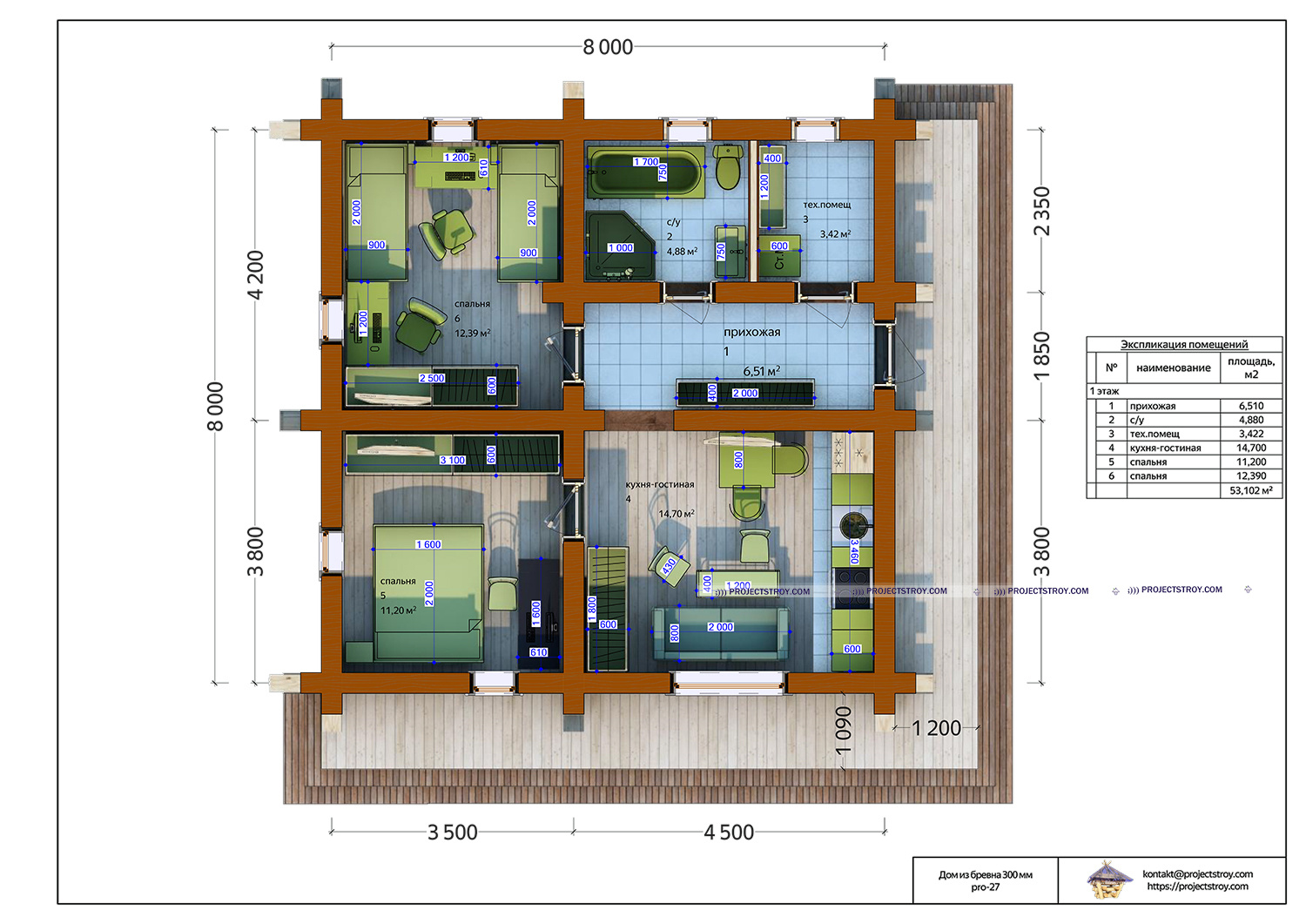 Деревянный дом 8х8 м, ручная рубка