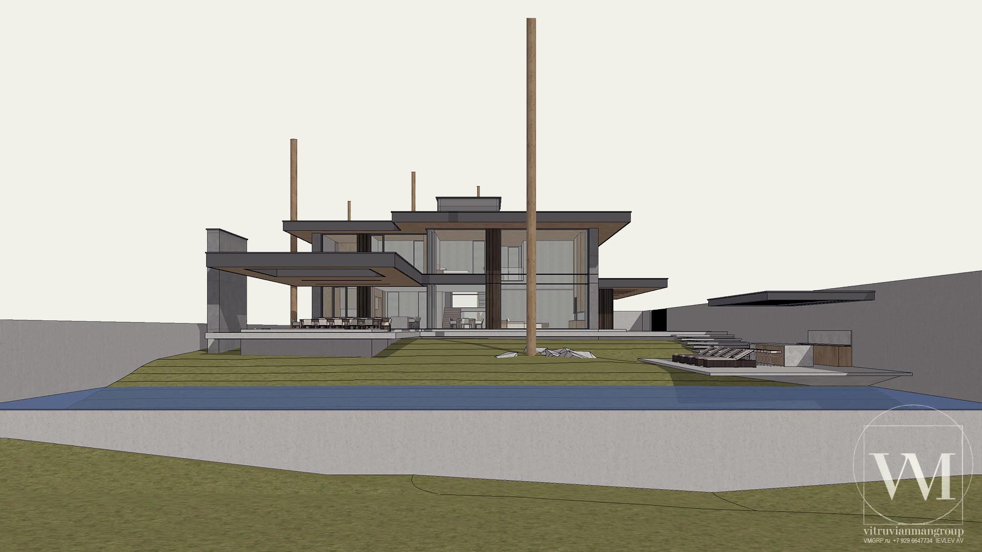 Проект современного дома виллы в стиле Райта на склоне в лесу у воды по принципам Васту — 1560м2