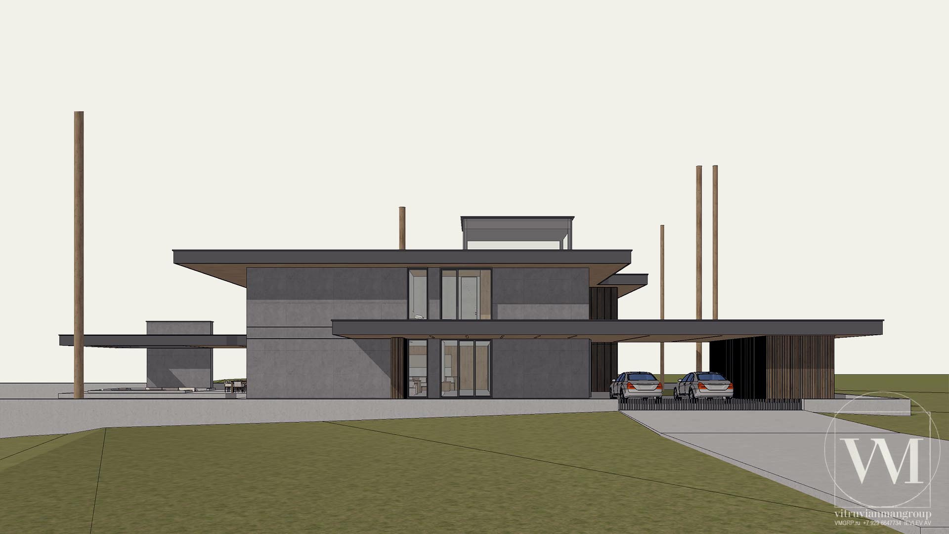 Проект современного дома виллы в стиле Райта на склоне в лесу у воды по принципам Васту — 1560м2