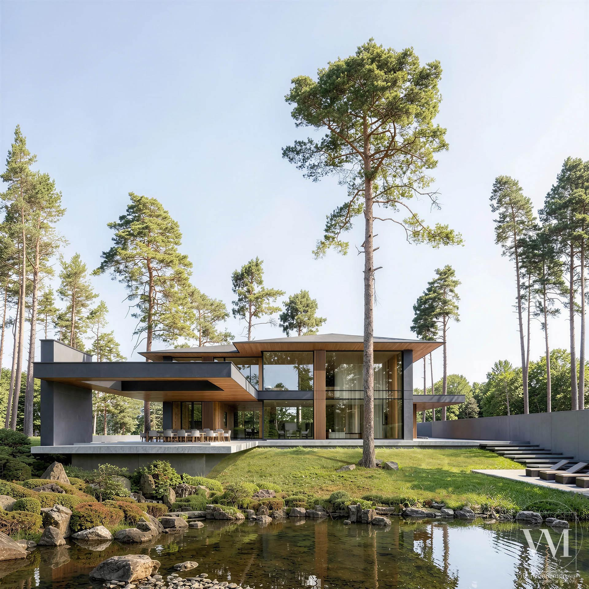 Проект современного дома виллы в стиле Райта на склоне в лесу у воды по принципам Васту — 1560м2