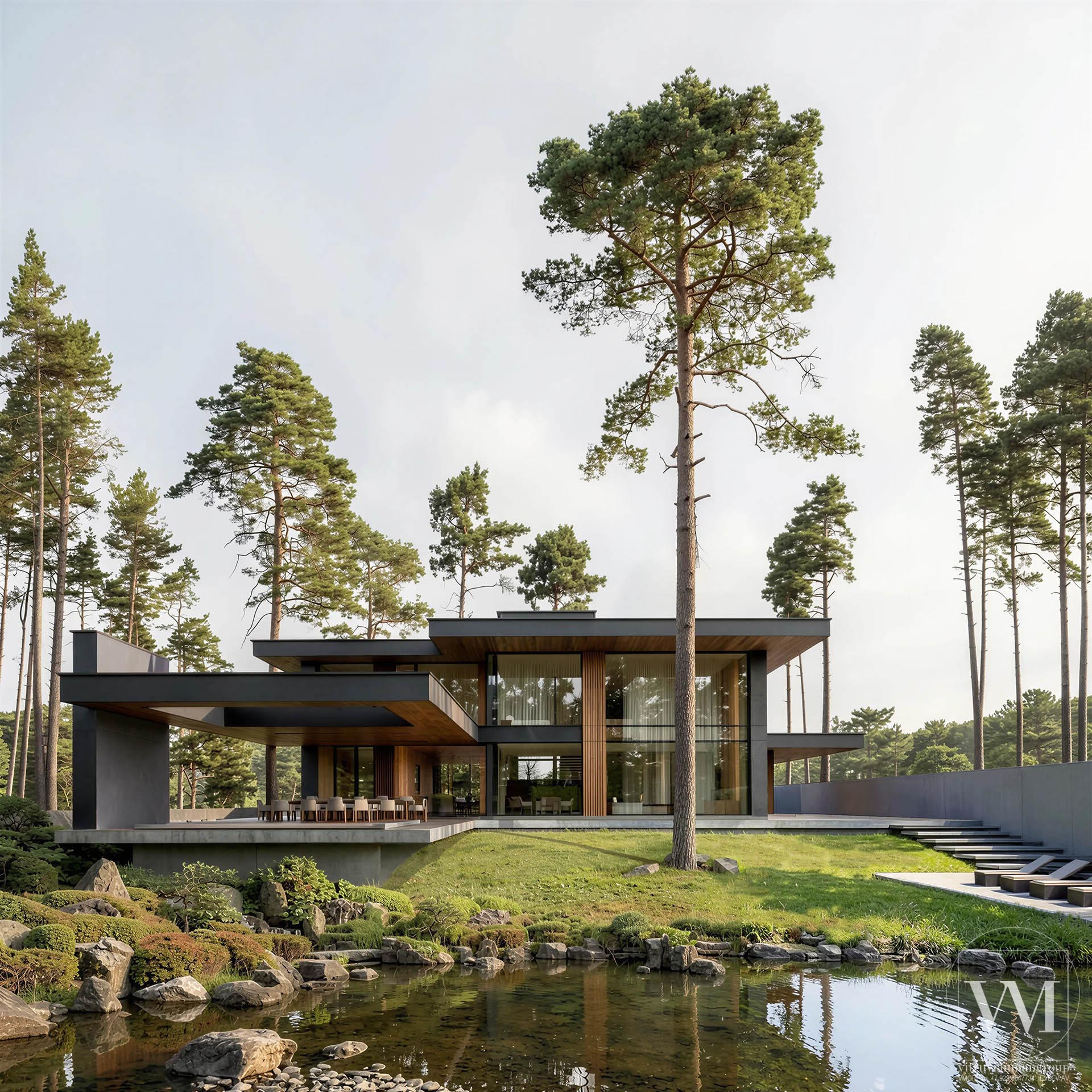 Проект современного дома виллы в стиле Райта на склоне в лесу у воды по принципам Васту — 1560м2