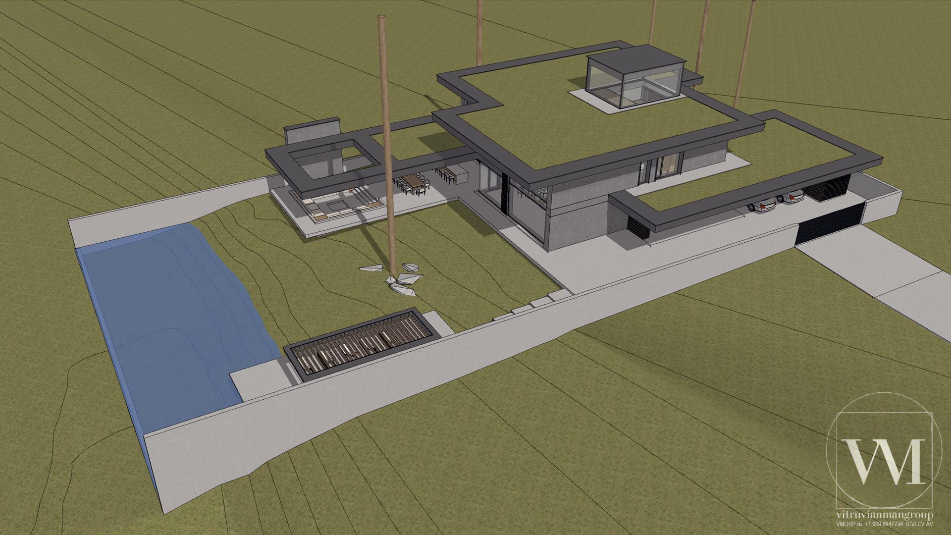 Проект современного дома виллы в стиле Райта на склоне в лесу у воды по принципам Васту — 1560м2