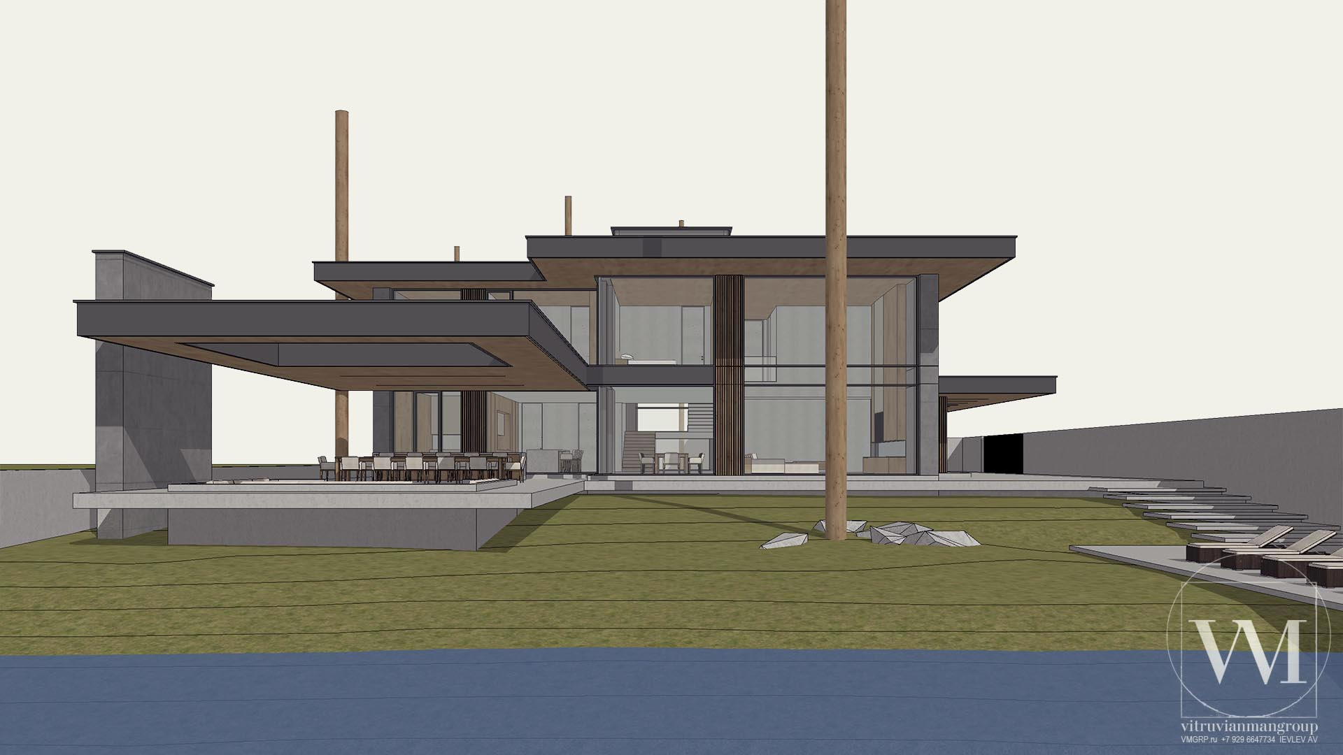 Проект современного дома виллы в стиле Райта на склоне в лесу у воды по принципам Васту — 1560м2