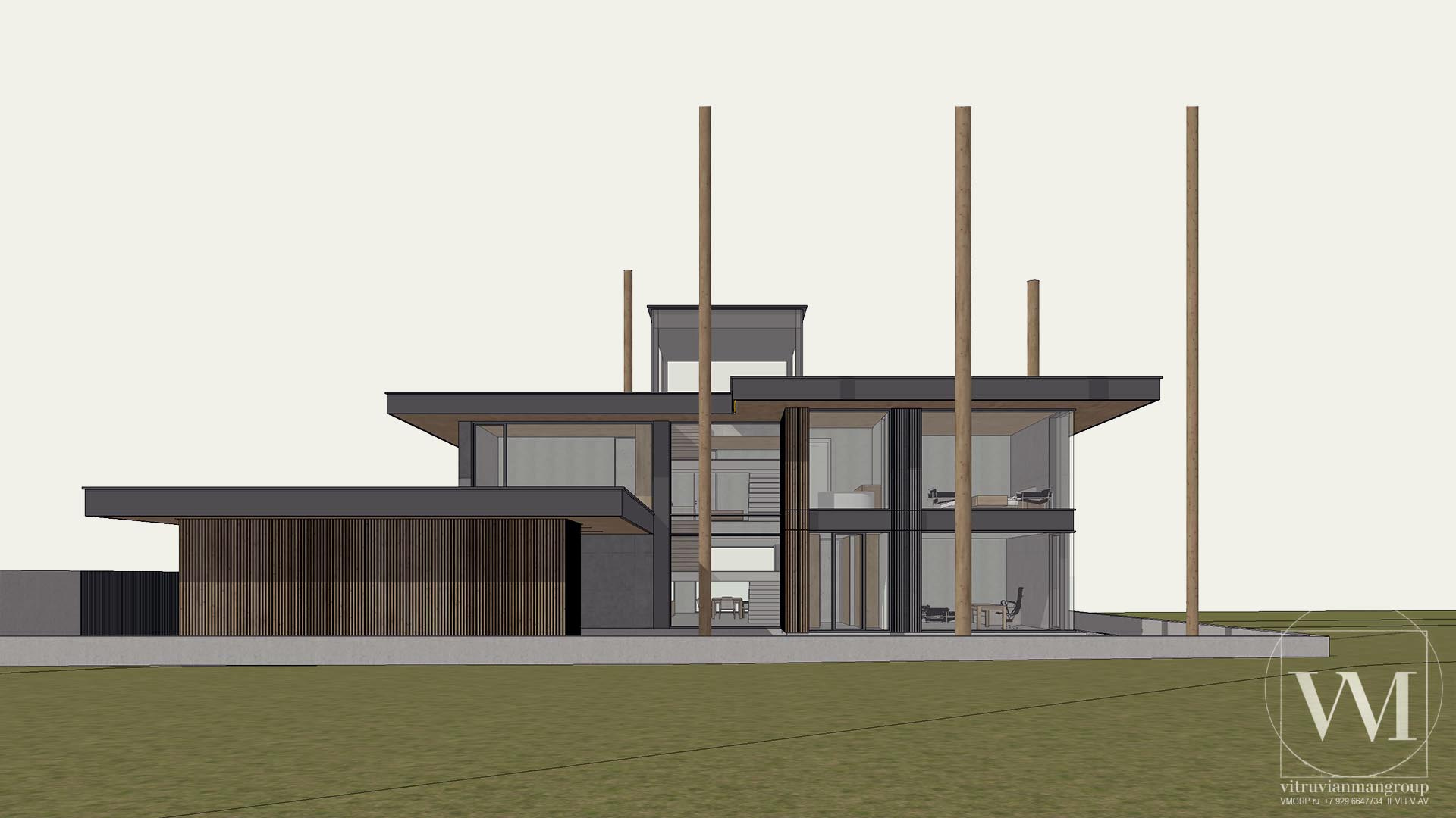 Проект современного дома виллы в стиле Райта на склоне в лесу у воды по принципам Васту — 1560м2