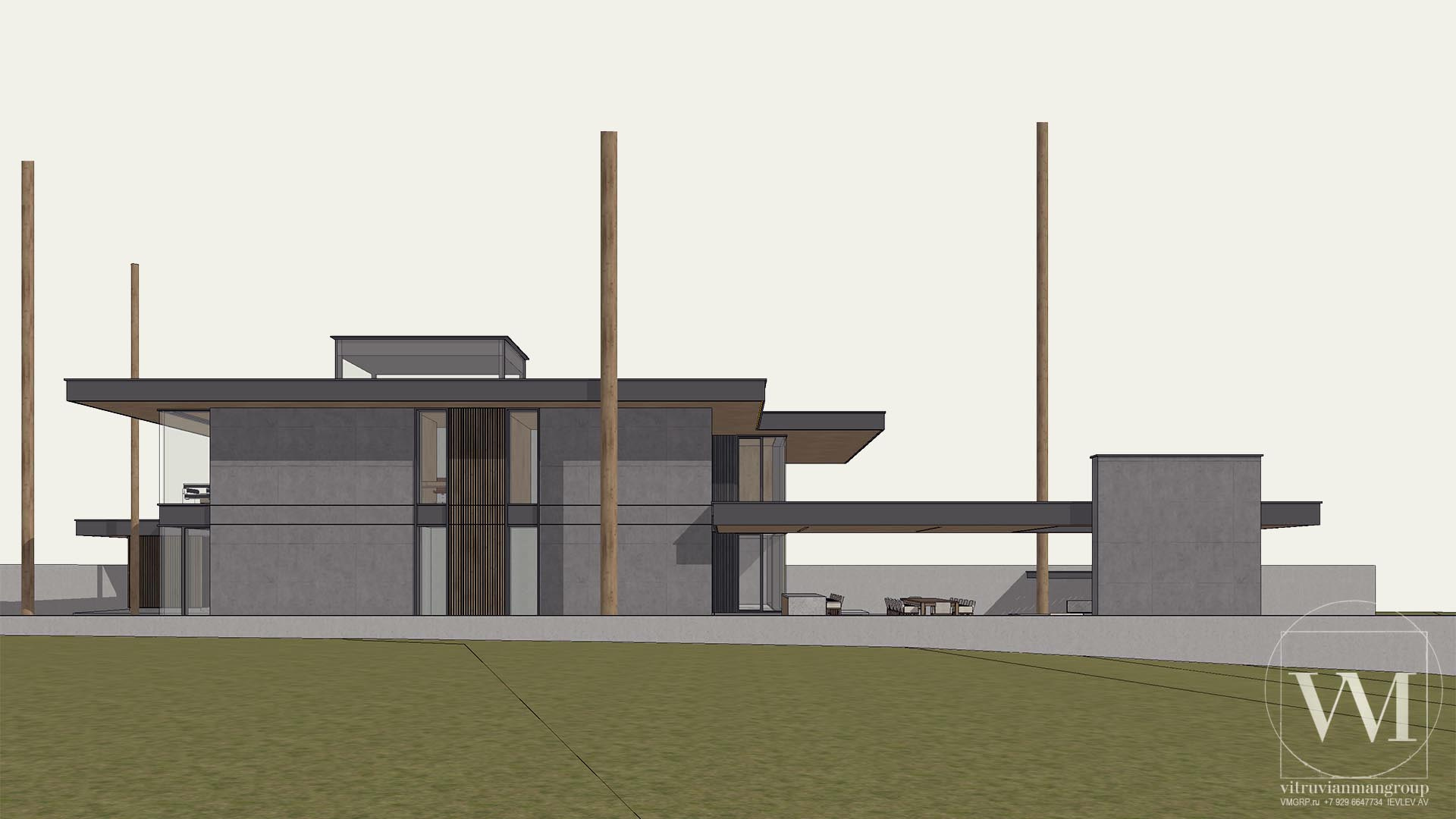 Проект современного дома виллы в стиле Райта на склоне в лесу у воды по принципам Васту — 1560м2