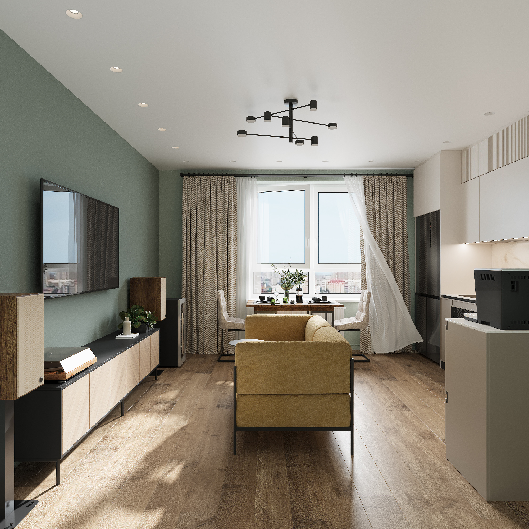 Интерьер кухни - гостиной в современном стиле в ЖК "Ботаника Life"