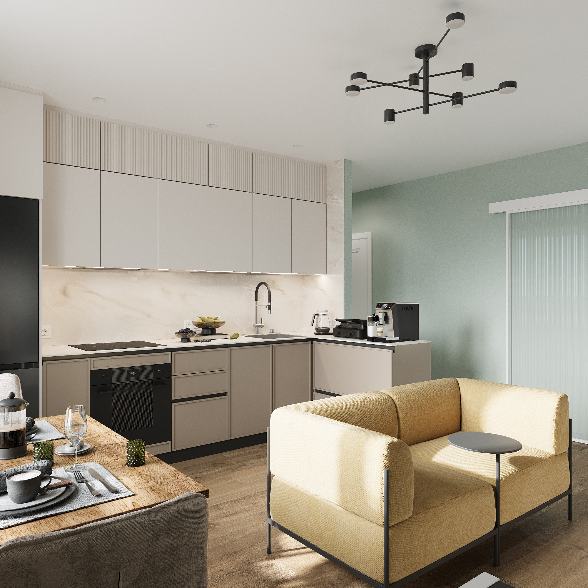 Интерьер кухни - гостиной в современном стиле в ЖК "Ботаника Life"