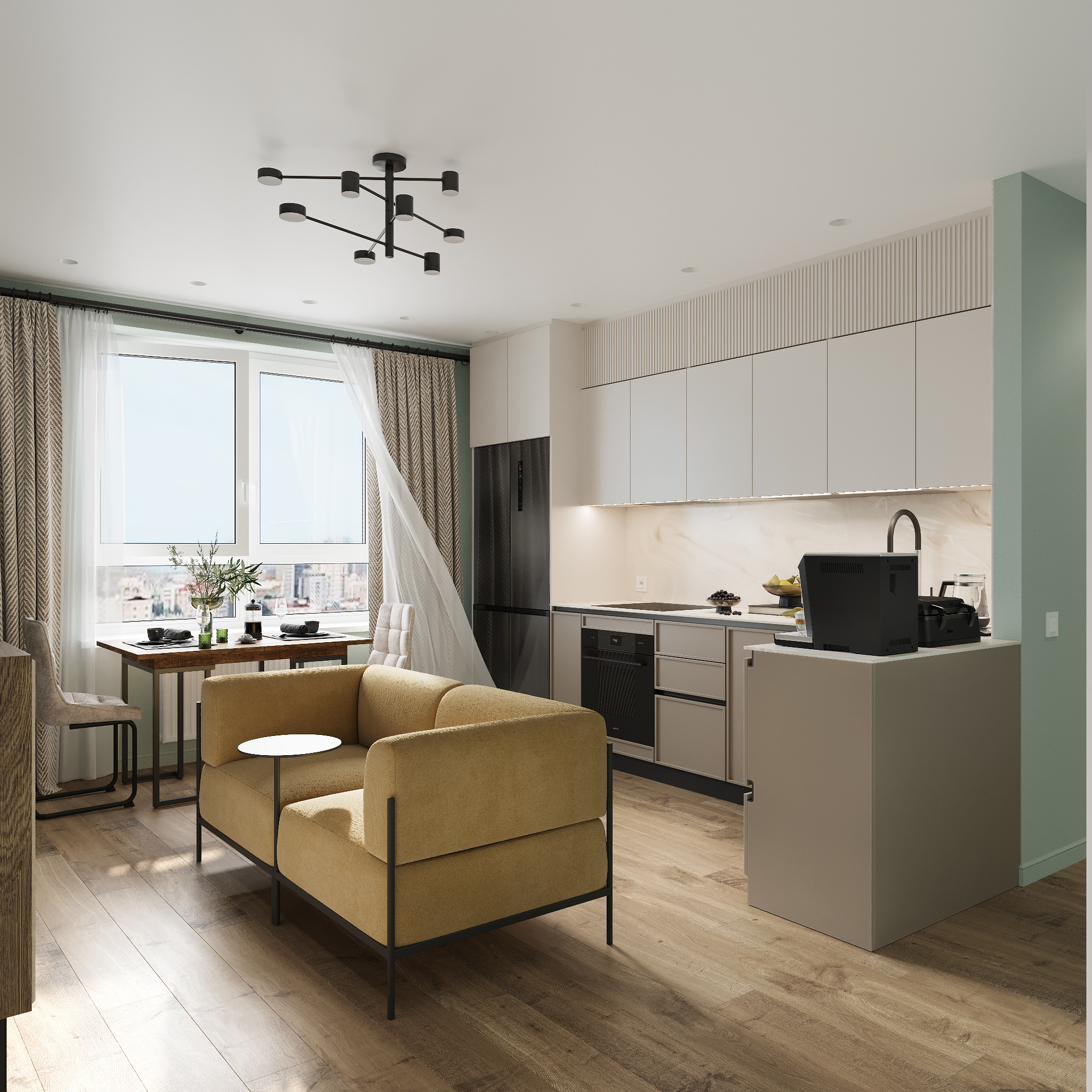 Интерьер кухни - гостиной в современном стиле в ЖК "Ботаника Life"