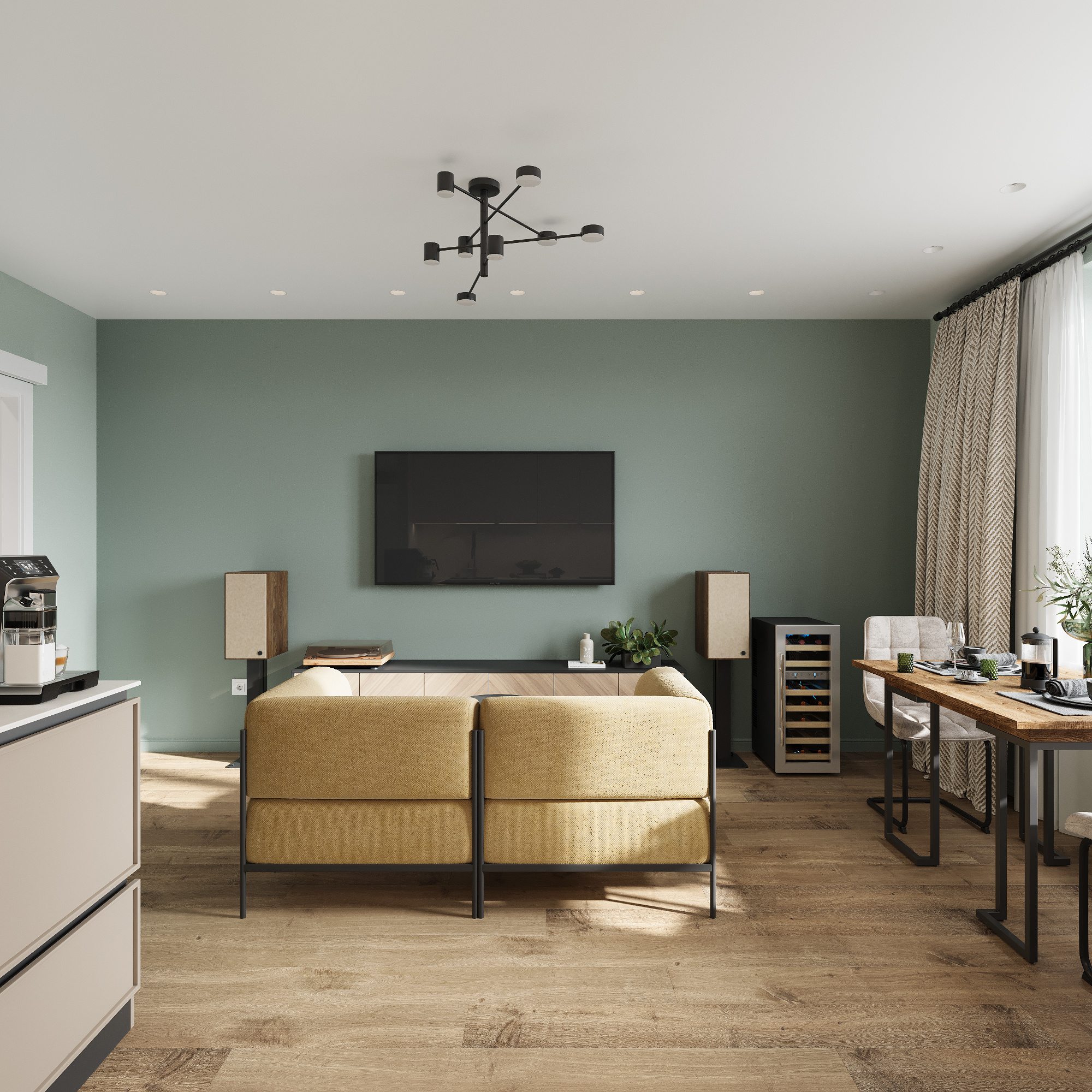 Интерьер кухни - гостиной в современном стиле в ЖК "Ботаника Life"