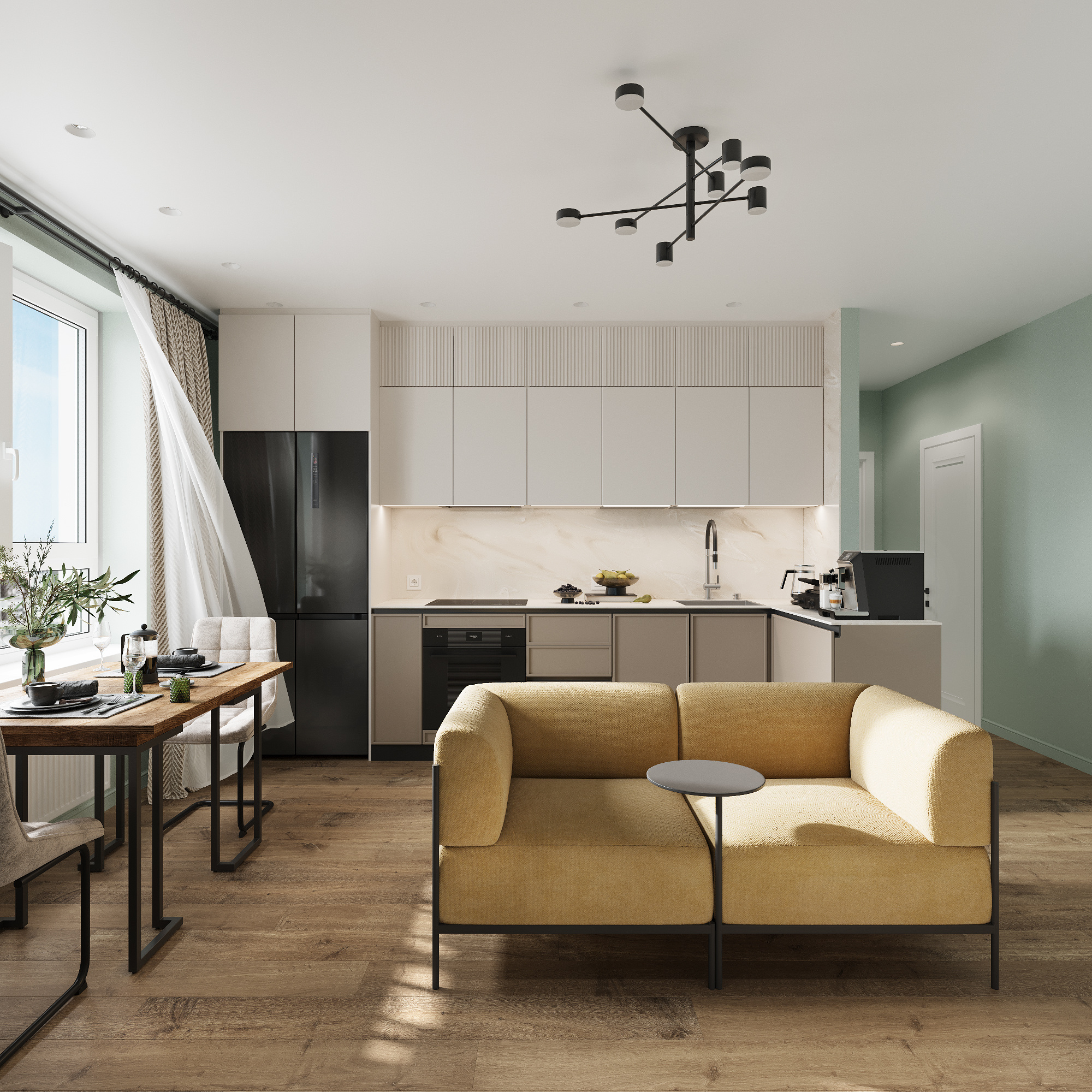 Интерьер кухни - гостиной в современном стиле в ЖК "Ботаника Life"
