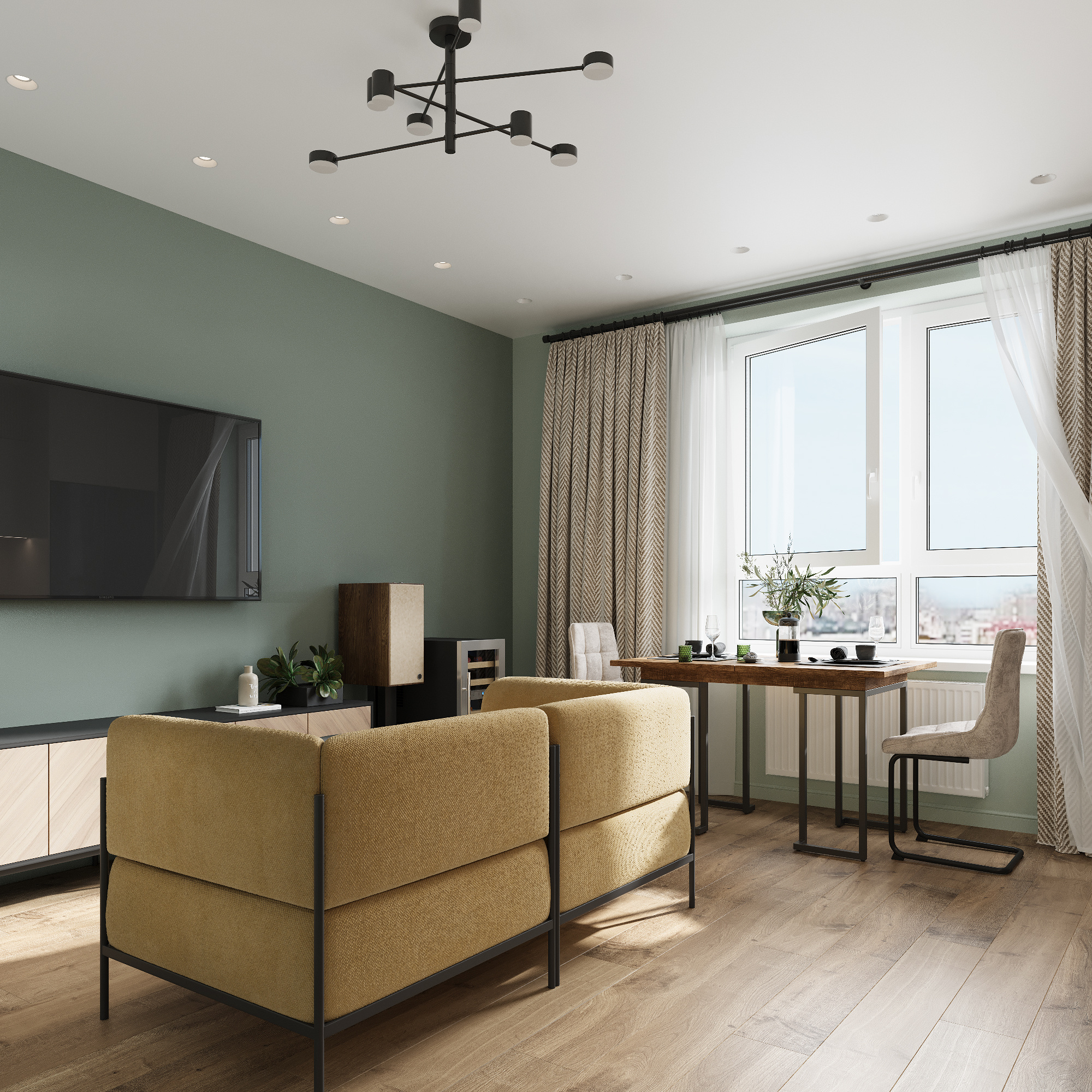 Интерьер кухни - гостиной в современном стиле в ЖК "Ботаника Life"