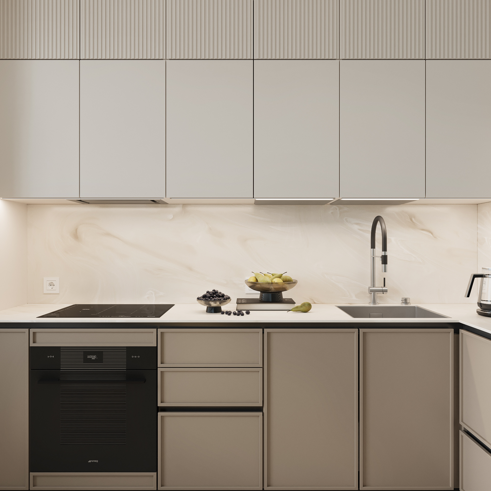 Интерьер кухни - гостиной в современном стиле в ЖК "Ботаника Life"