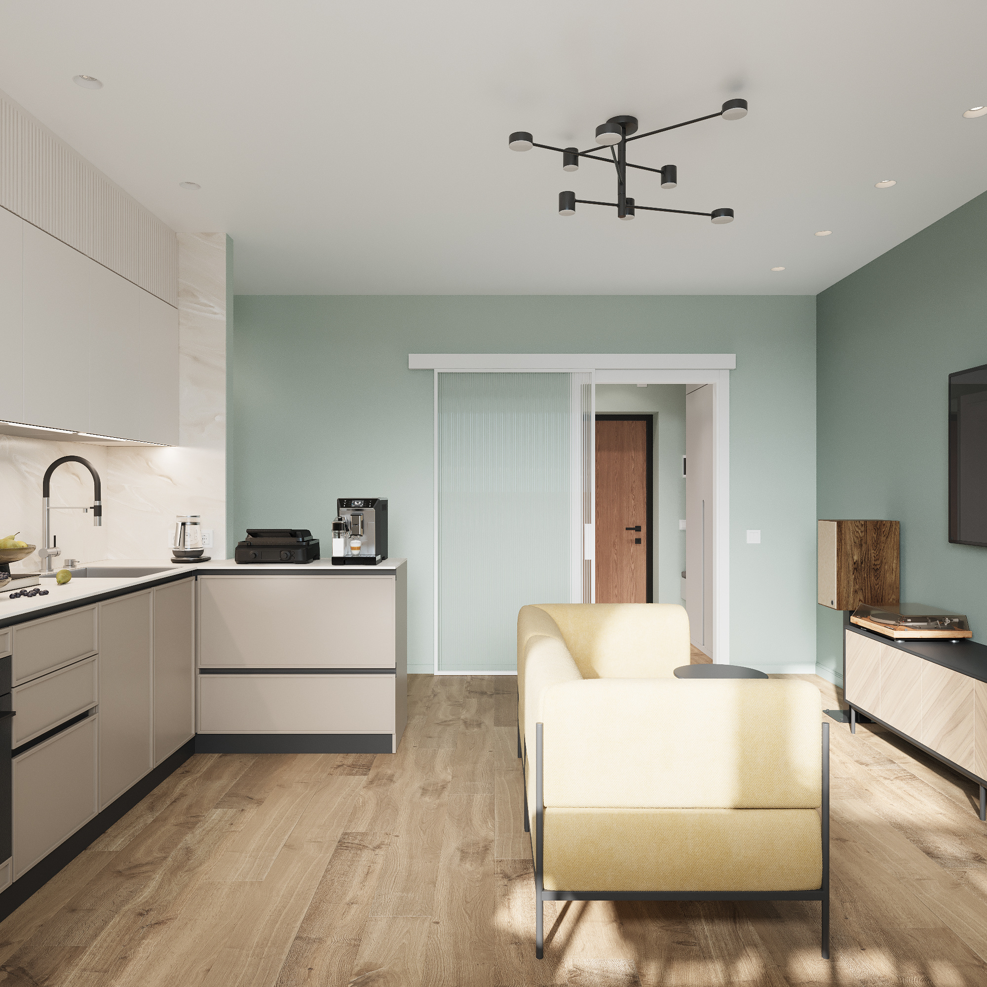 Интерьер кухни - гостиной в современном стиле в ЖК "Ботаника Life"