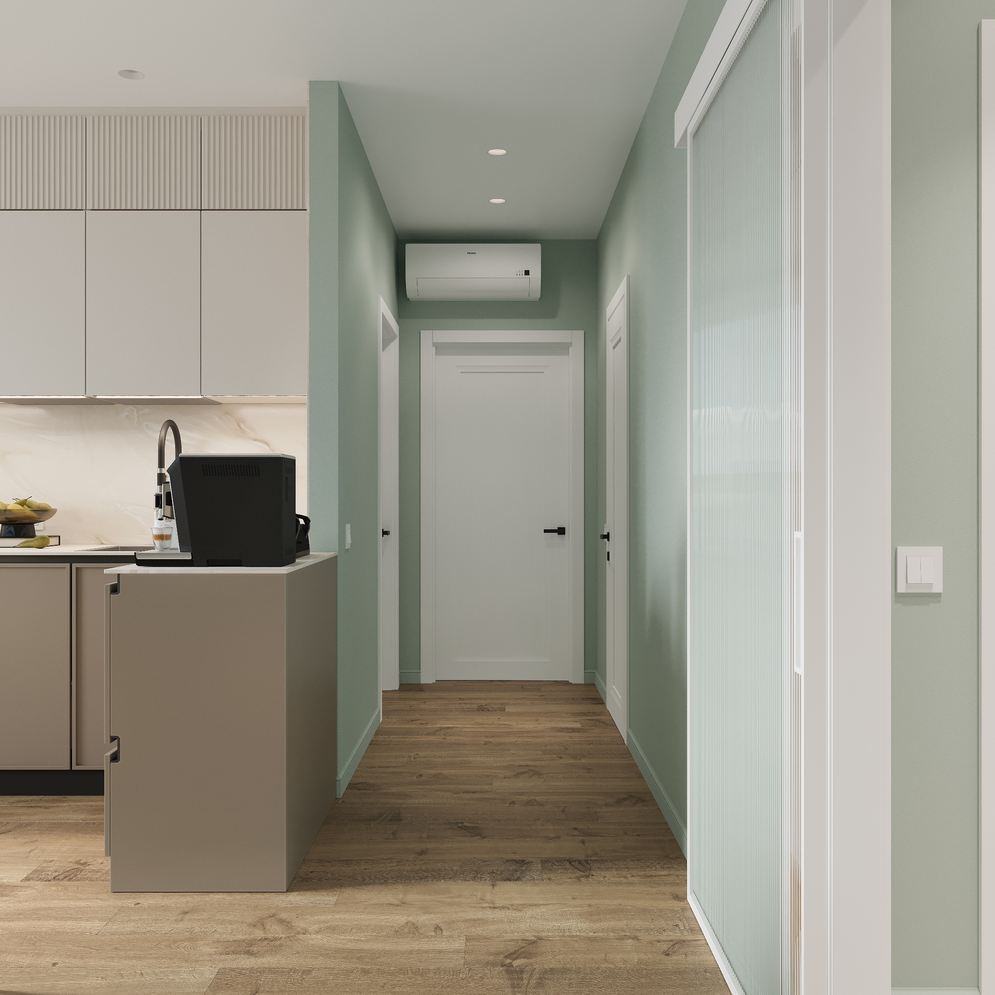 Интерьер кухни - гостиной в современном стиле в ЖК "Ботаника Life"