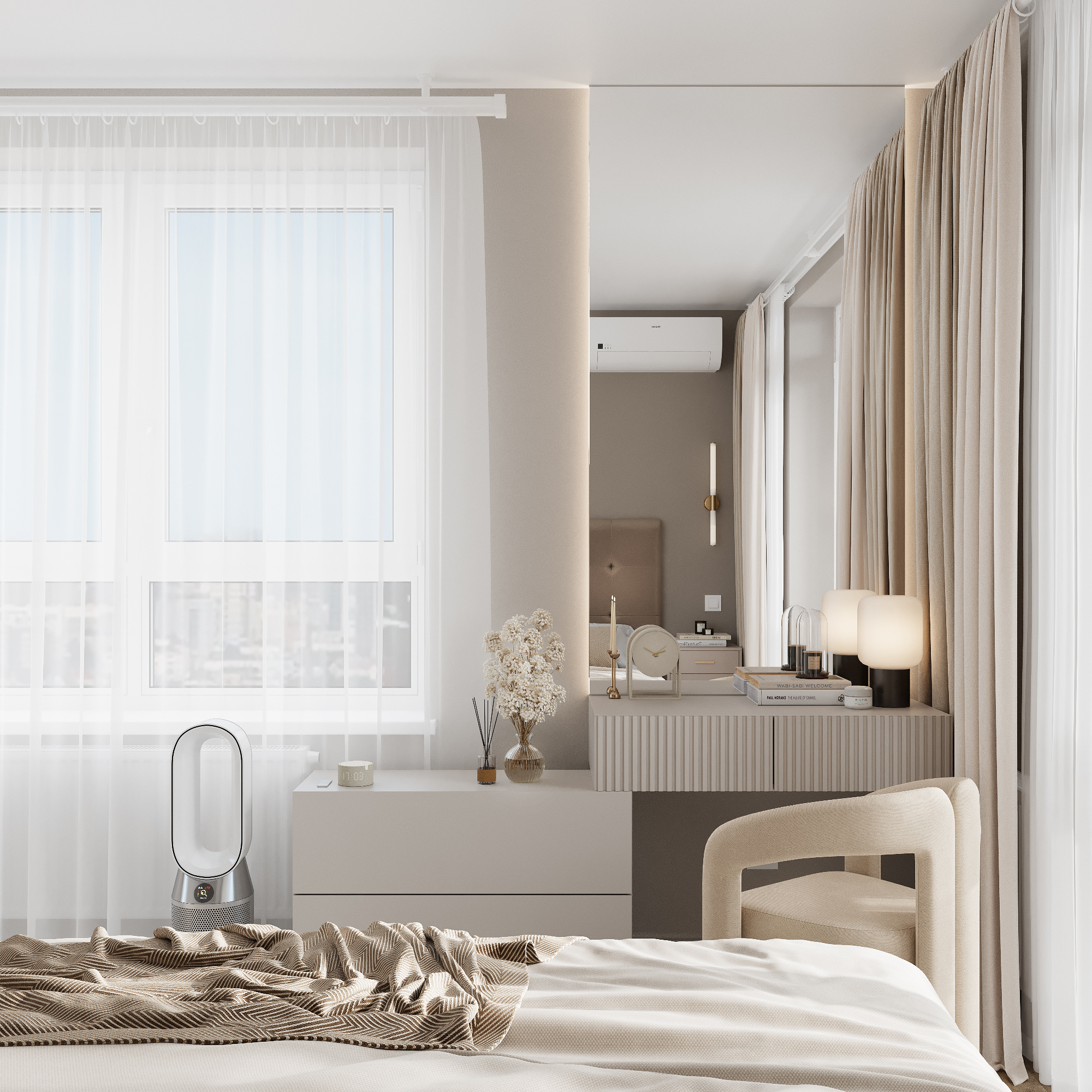 Интерьер спальни и балкона в современном стиле в ЖК "Ботаника Life"