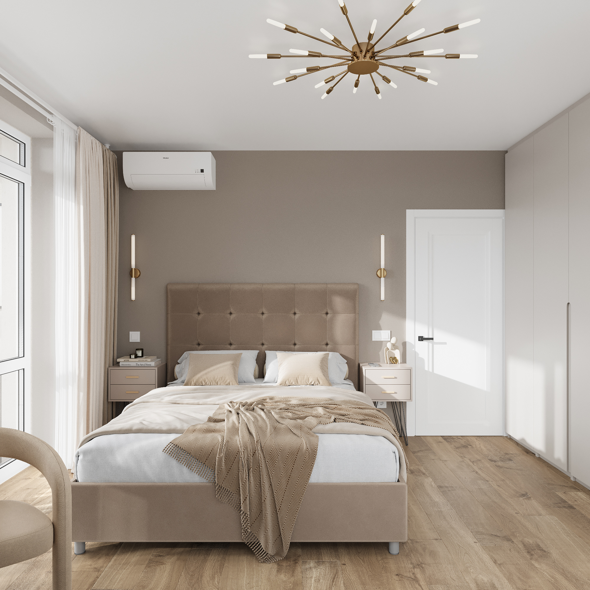 Интерьер спальни и балкона в современном стиле в ЖК "Ботаника Life"