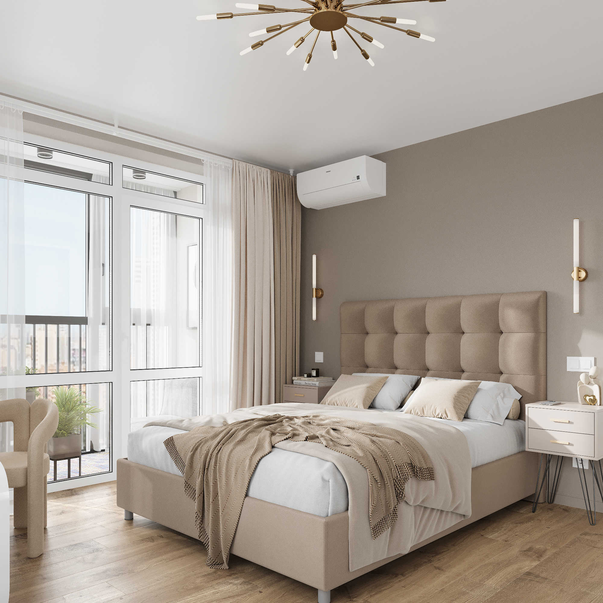 Интерьер спальни и балкона в современном стиле в ЖК "Ботаника Life"