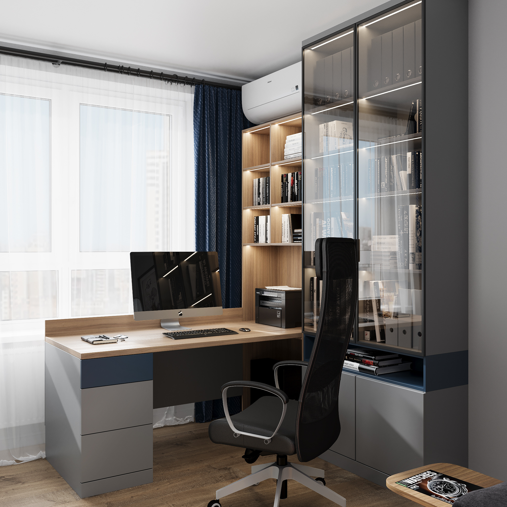 Интерьер кабинета и санузла в современном стиле.  ЖК "Ботаника Life"