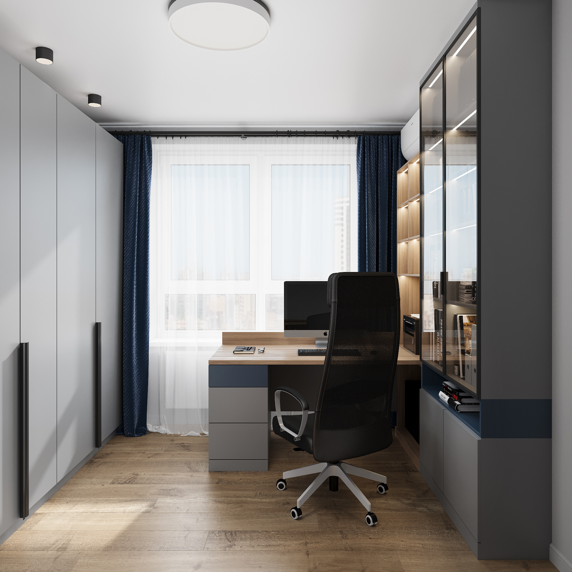 Интерьер кабинета и санузла в современном стиле.  ЖК "Ботаника Life"