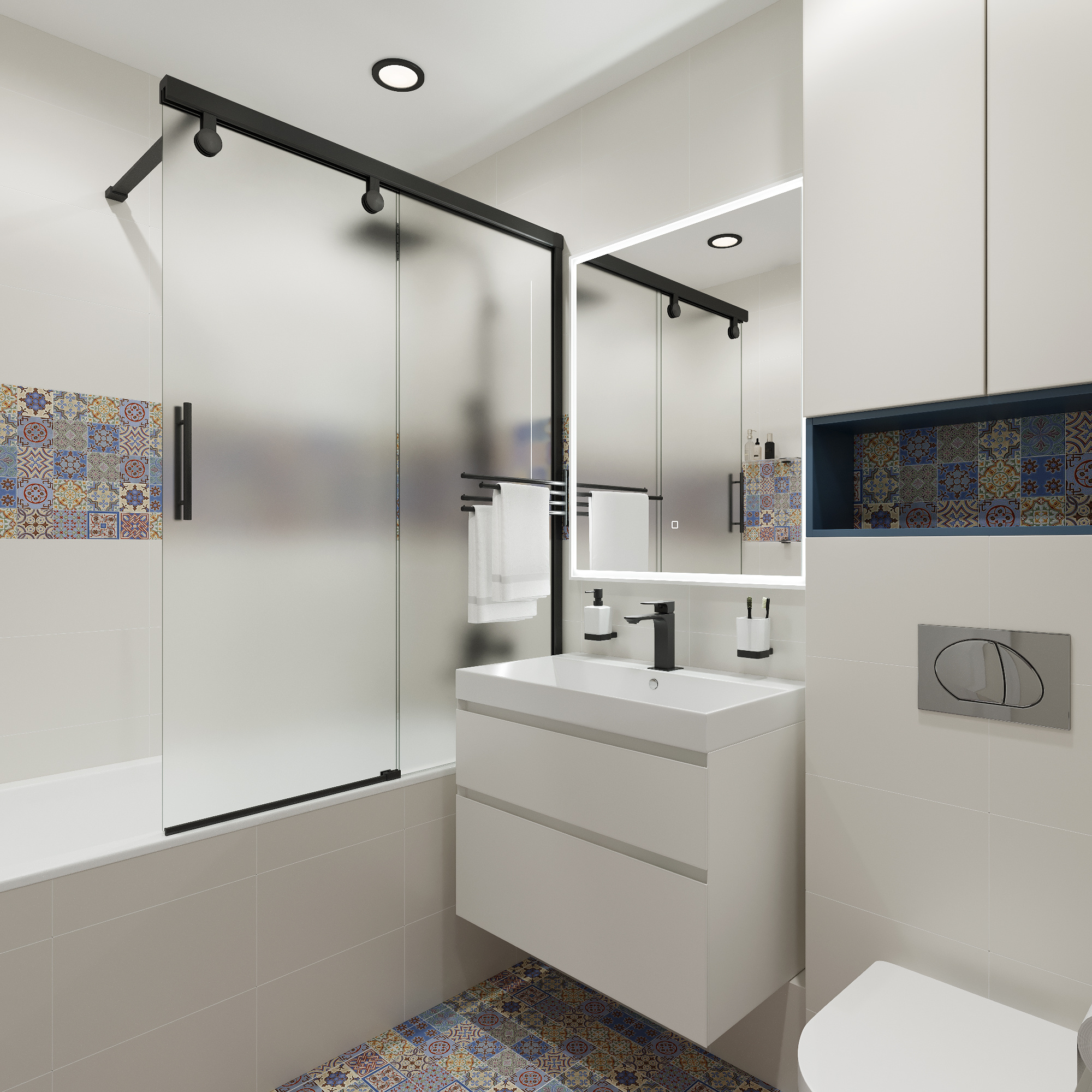 Интерьер кабинета и санузла в современном стиле.  ЖК "Ботаника Life"