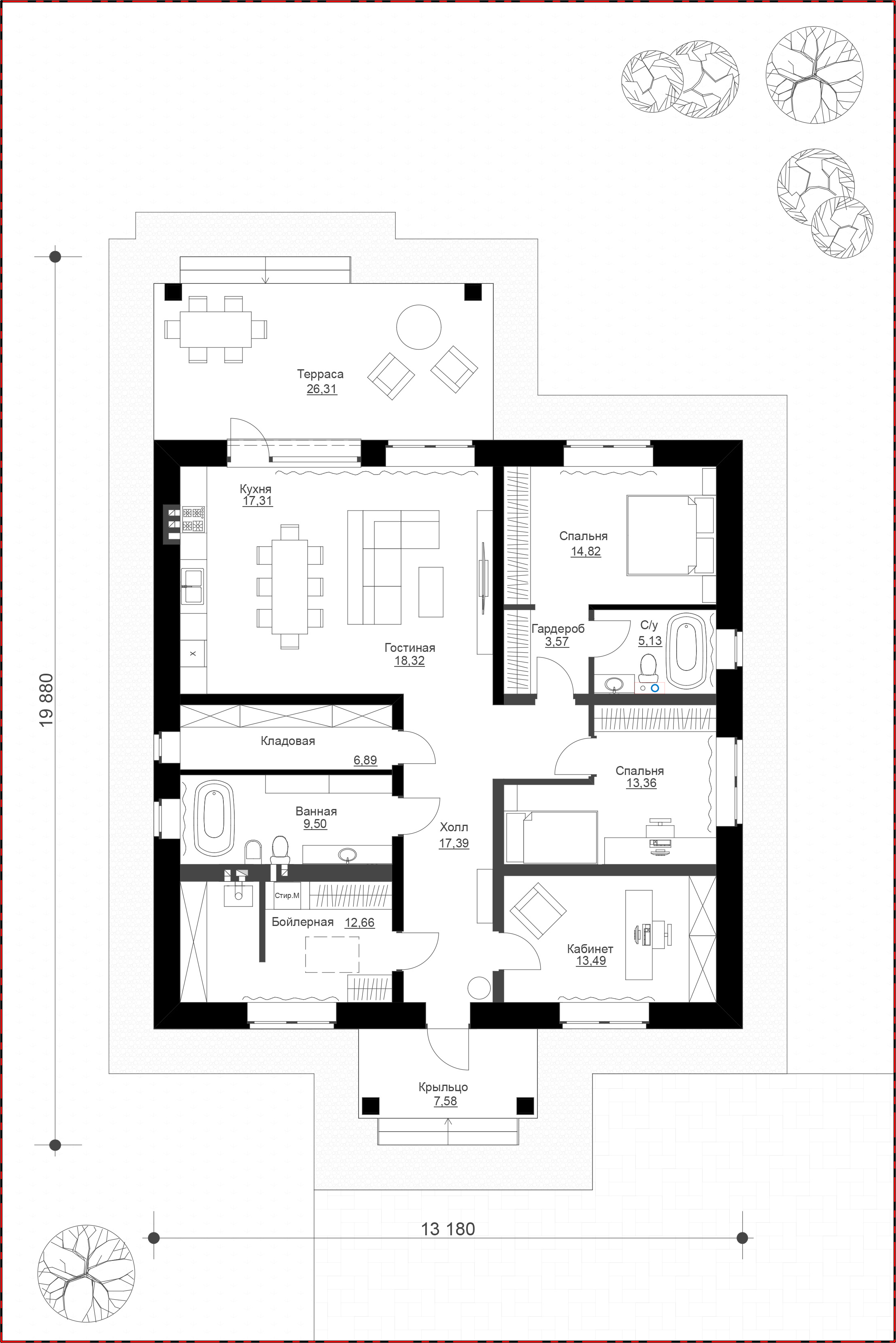 Одноэтажный дом с двумя спальнями и кабинетом