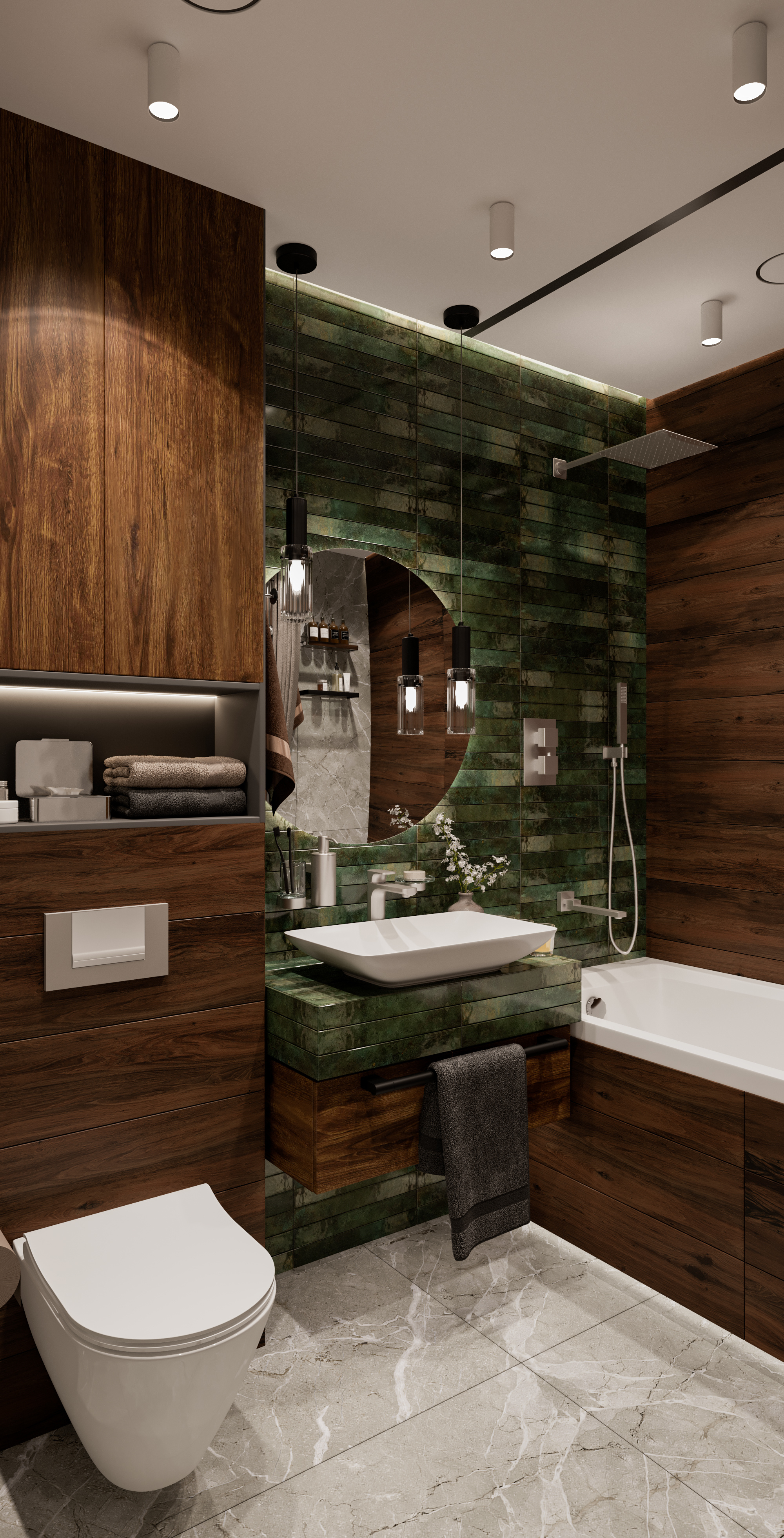Ванная с роскошной зеленой плиткой. Современный стиль.