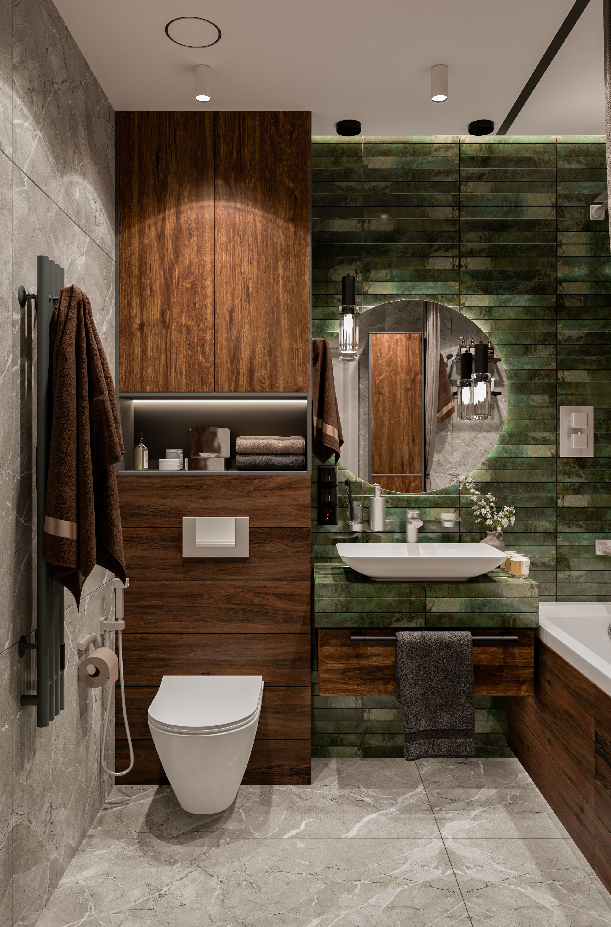 Ванная с роскошной зеленой плиткой. Современный стиль.