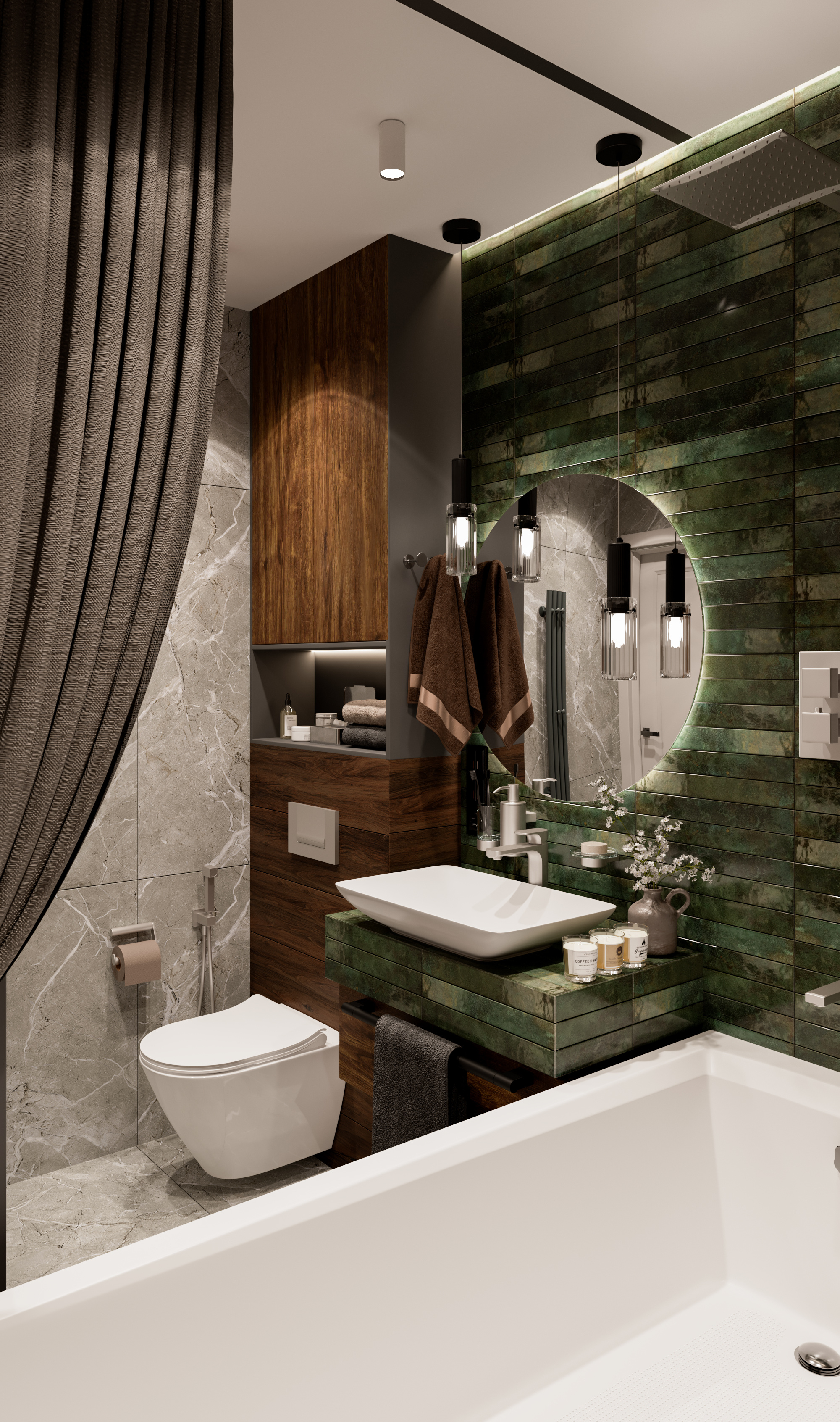 Ванная с роскошной зеленой плиткой. Современный стиль.