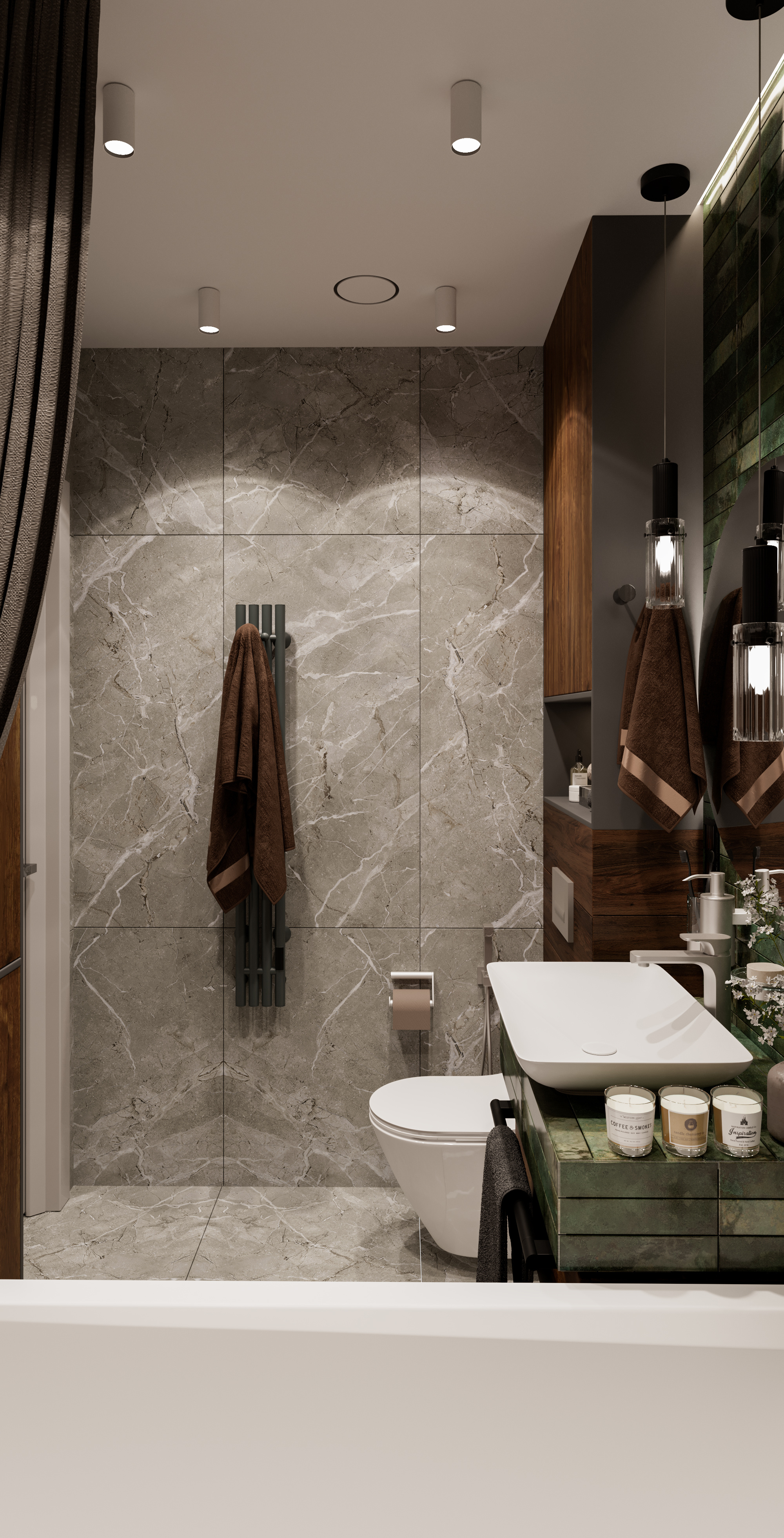 Ванная с роскошной зеленой плиткой. Современный стиль.