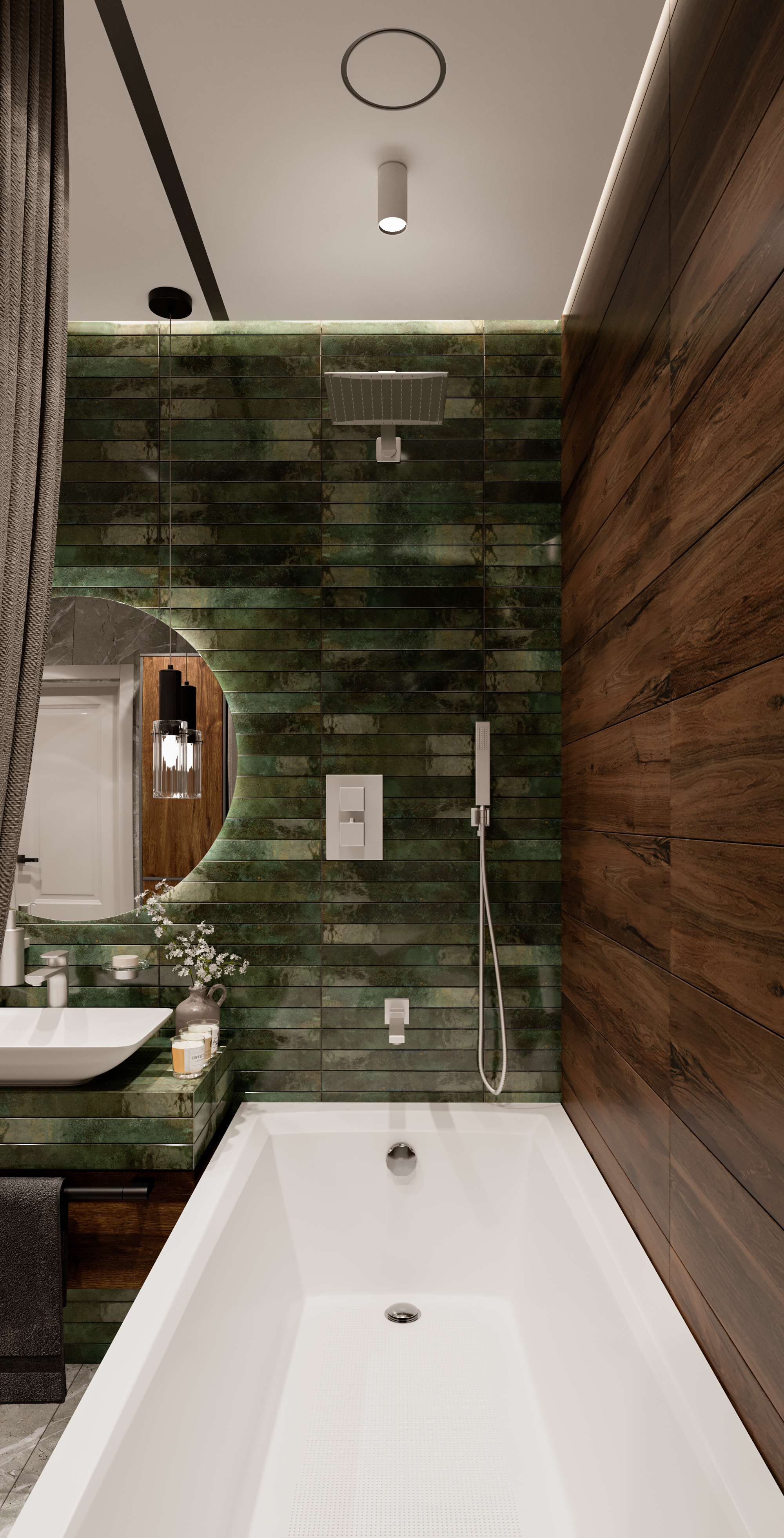 Ванная с роскошной зеленой плиткой. Современный стиль.