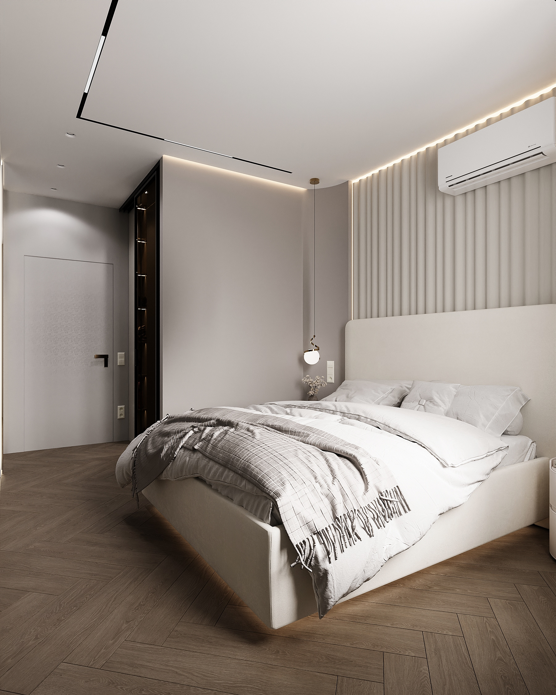 Спальня с радиусным изголовьем. Современный стиль