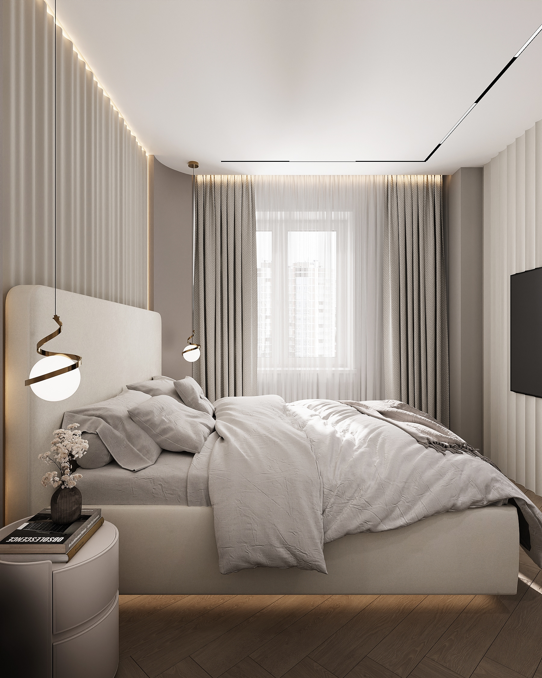 Спальня с радиусным изголовьем. Современный стиль