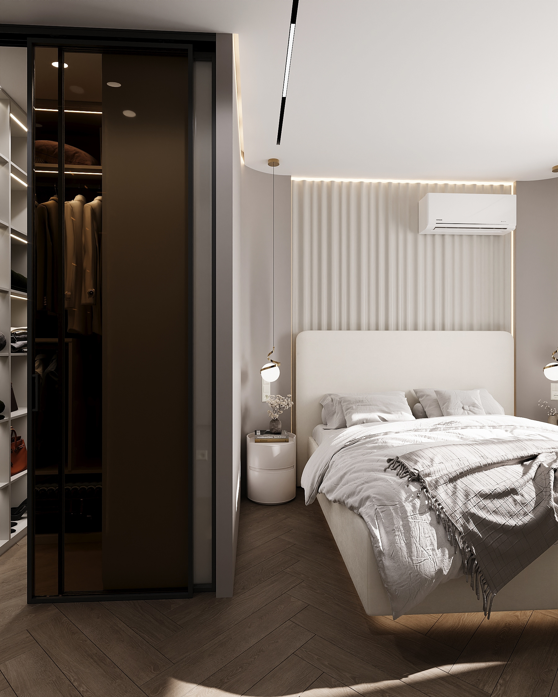 Спальня с радиусным изголовьем. Современный стиль