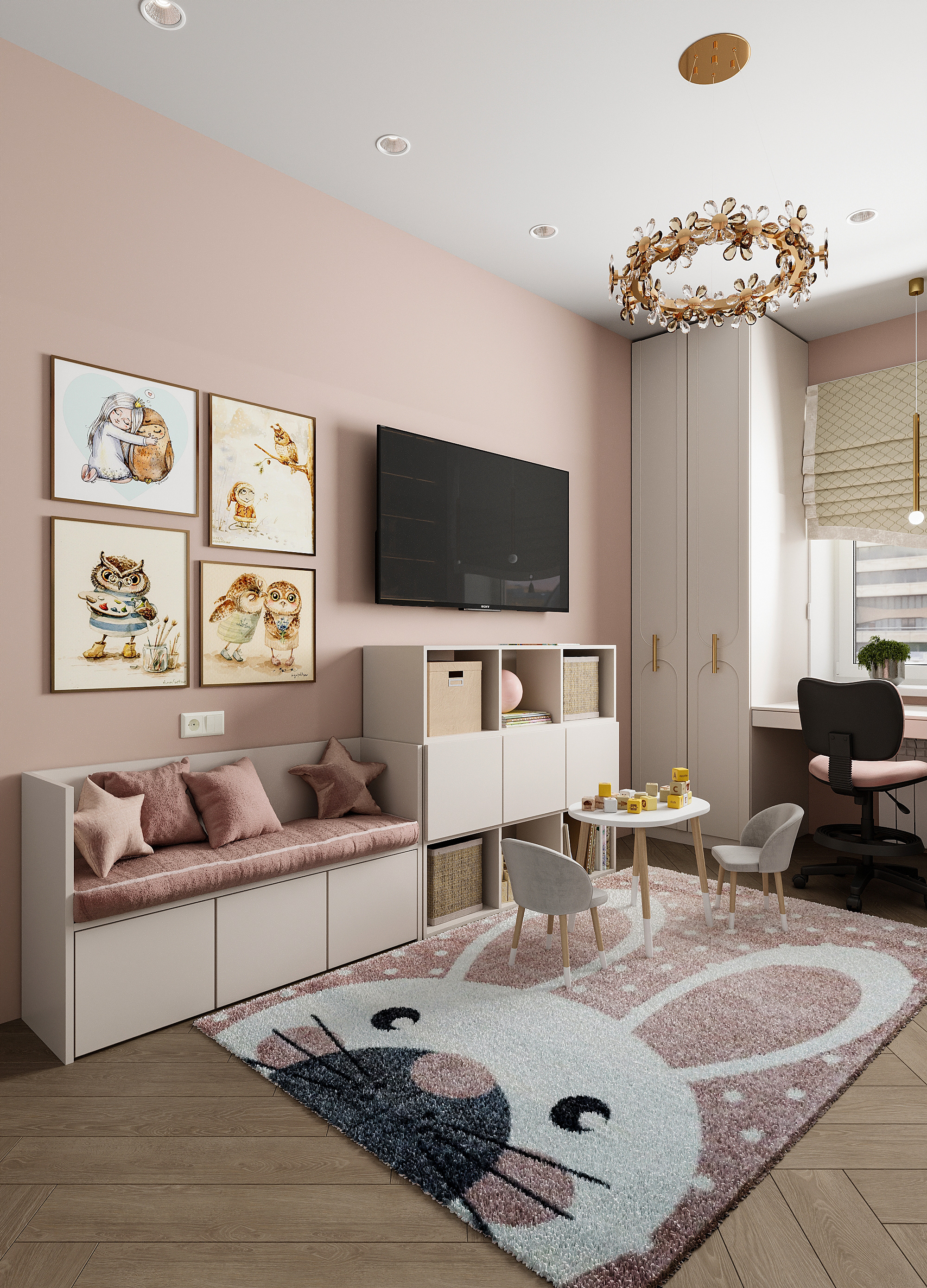 Детская для девочки в персиковых тонах. Современный стиль.